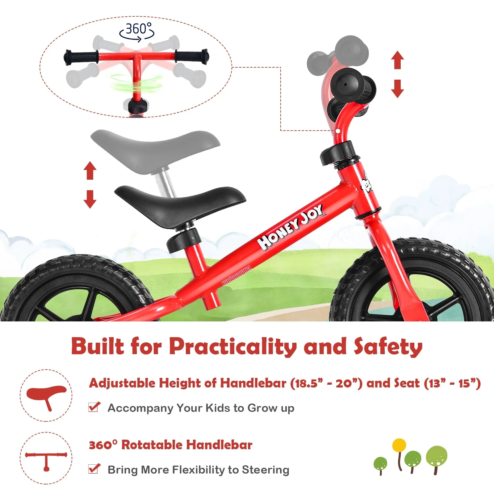 Kids No Pedal Balance Bike with Adjustable Handlebar and Seat-Red - Image 5