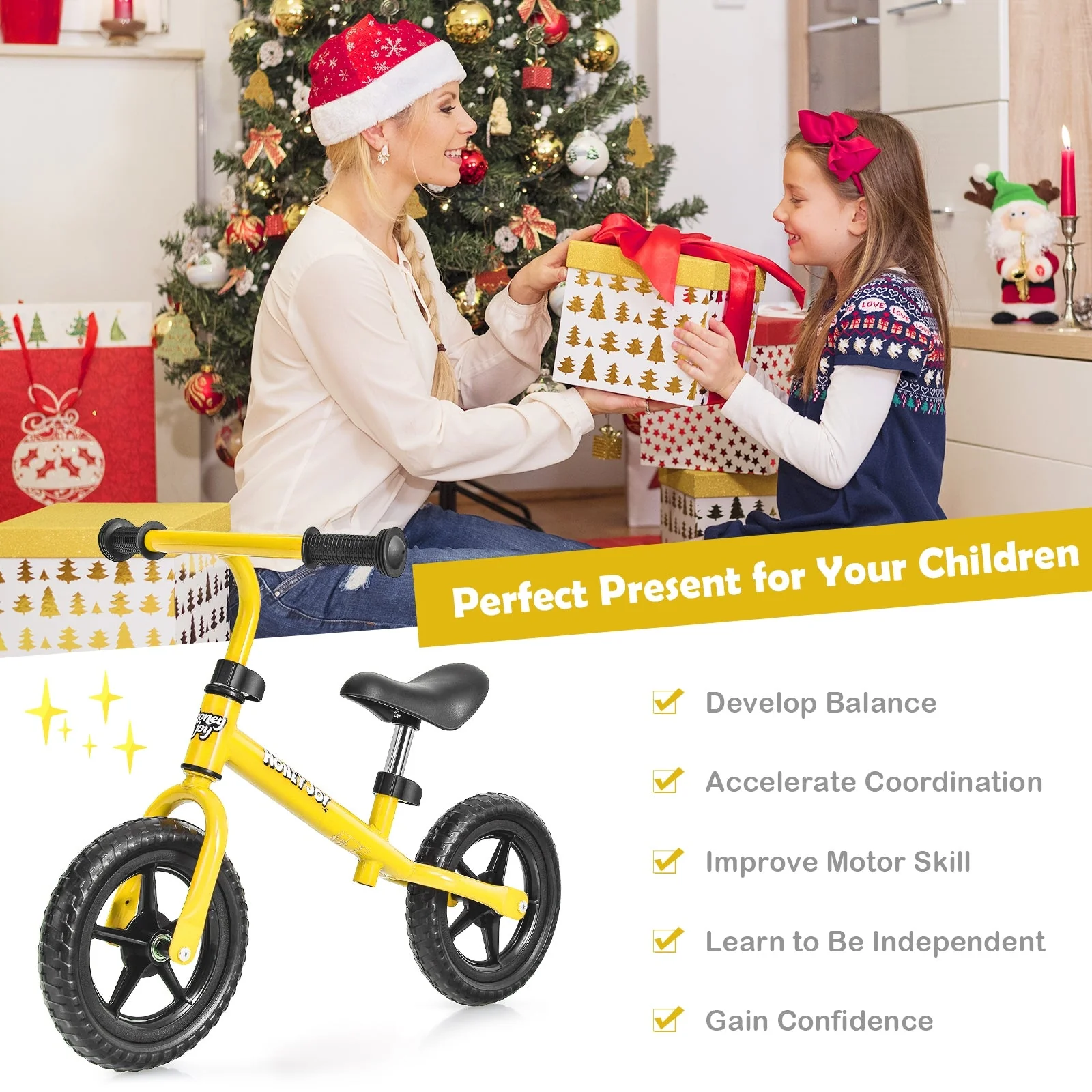 Kids No Pedal Balance Bike with Adjustable Handlebar and Seat-Yellow - Image 2