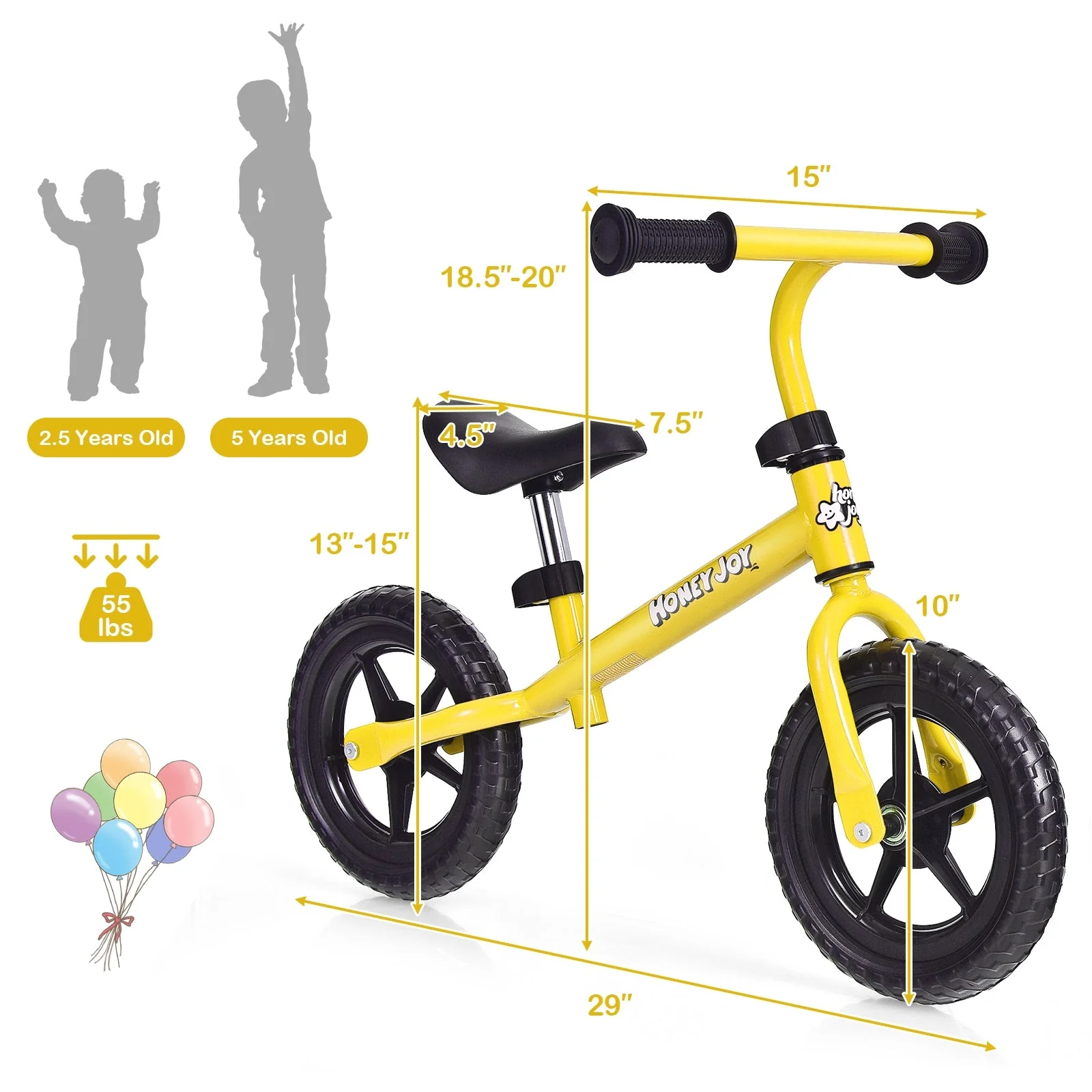 Kids No Pedal Balance Bike with Adjustable Handlebar and Seat-Yellow - Image 4