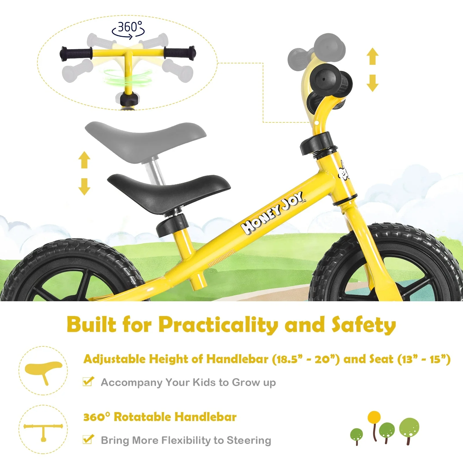 Kids No Pedal Balance Bike with Adjustable Handlebar and Seat-Yellow - Image 5