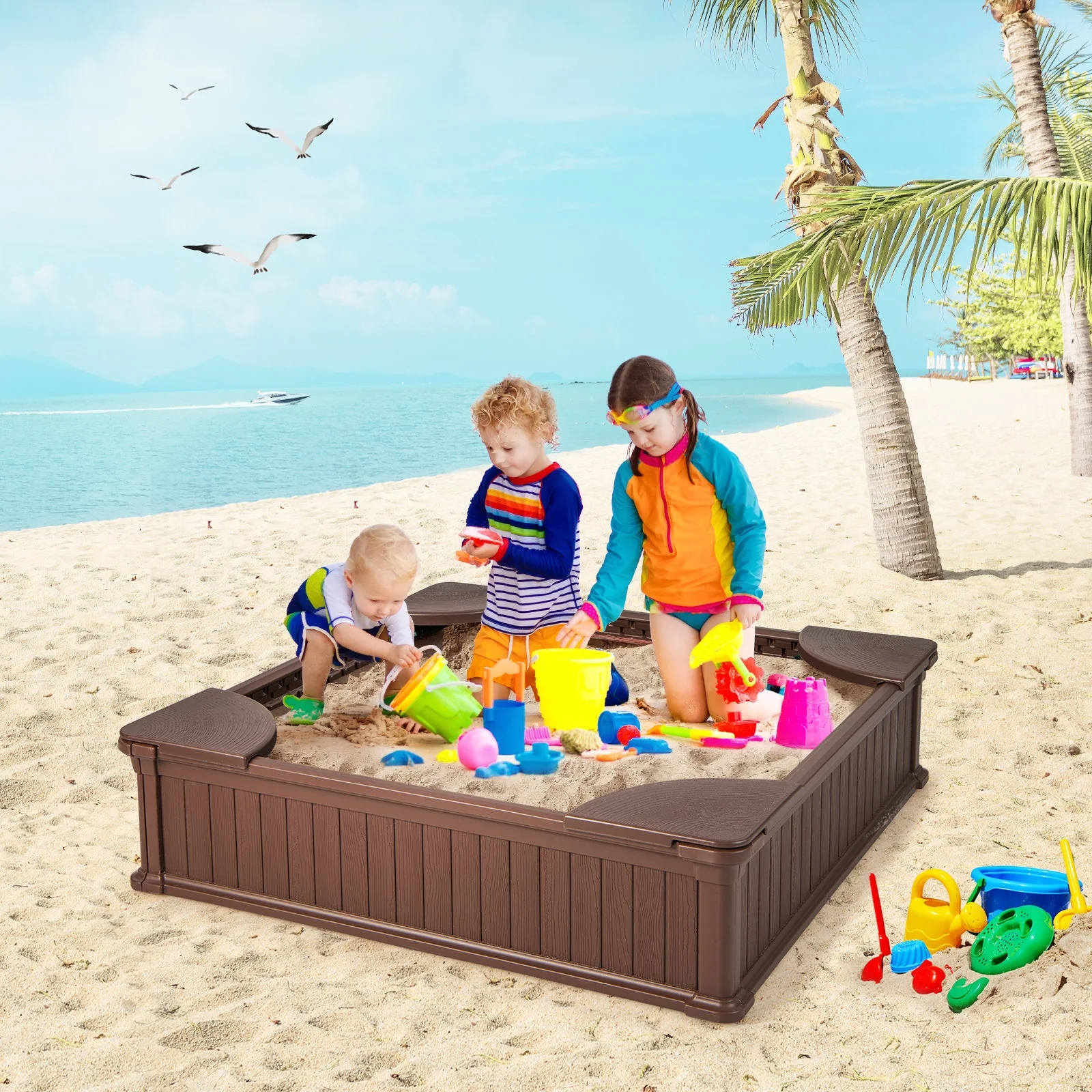Kids Outdoor Sandbox with Oxford Cover and 4 Corner Seats-Brown - Image 2
