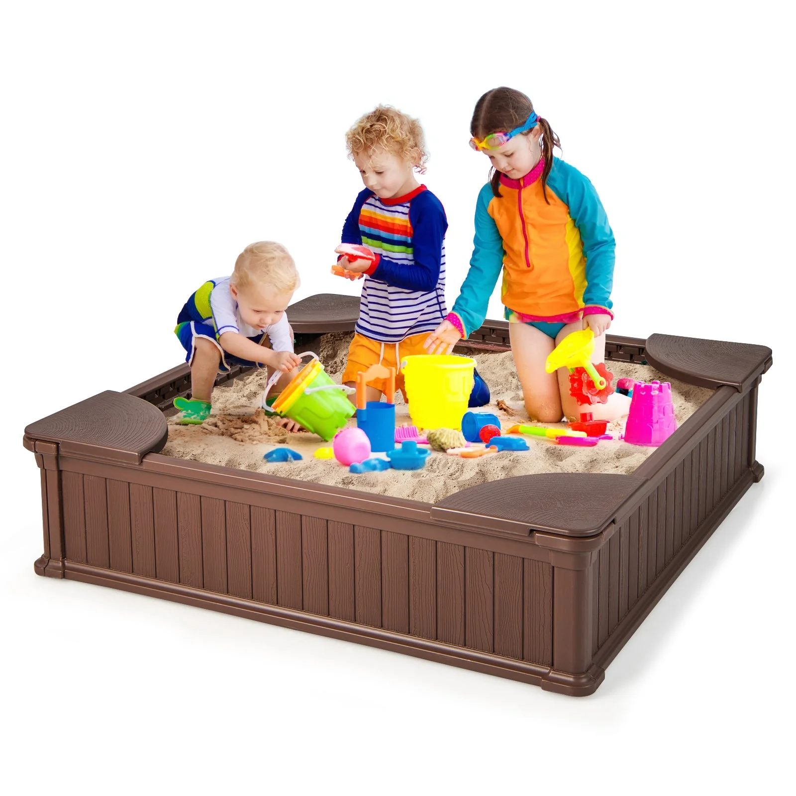 Kids Outdoor Sandbox with Oxford Cover and 4 Corner Seats-Brown - Image 3