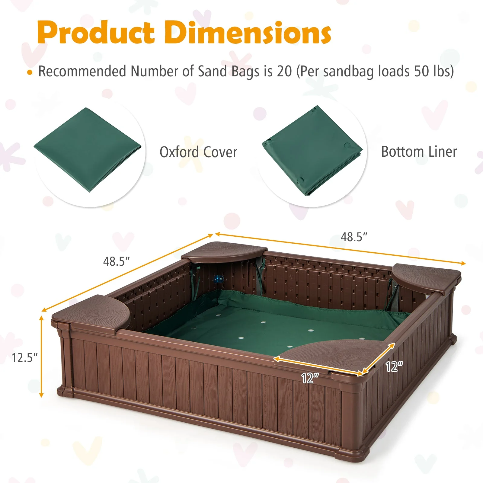 Kids Outdoor Sandbox with Oxford Cover and 4 Corner Seats-Brown - Image 4