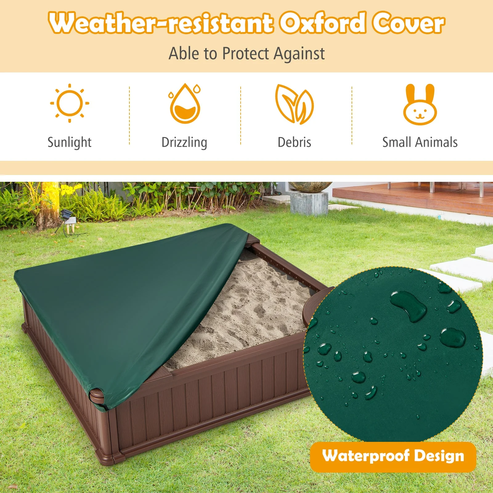 Kids Outdoor Sandbox with Oxford Cover and 4 Corner Seats-Brown - Image 5