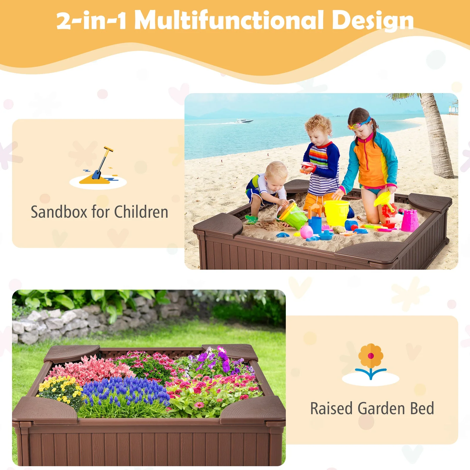 Kids Outdoor Sandbox with Oxford Cover and 4 Corner Seats-Brown - Image 6