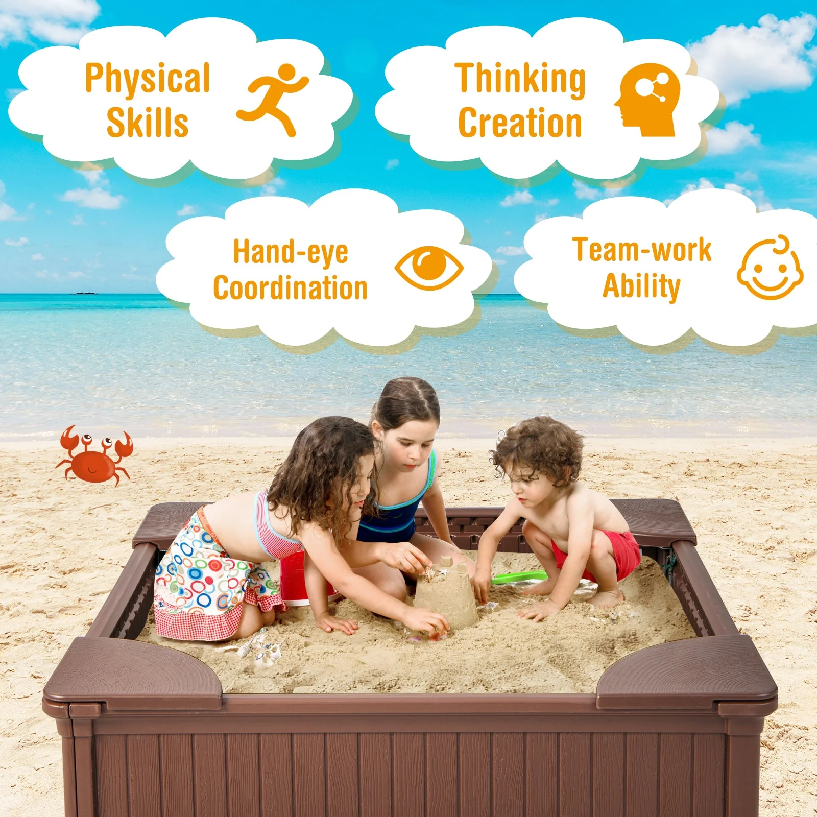 Kids Outdoor Sandbox with Oxford Cover and 4 Corner Seats-Brown - Image 7