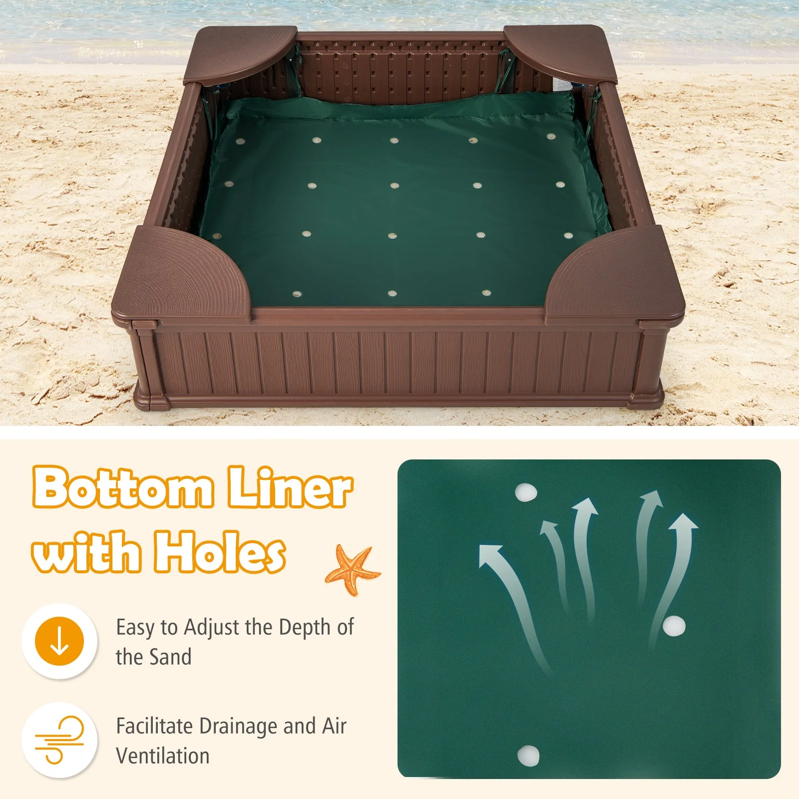 Kids Outdoor Sandbox with Oxford Cover and 4 Corner Seats-Brown - Image 8