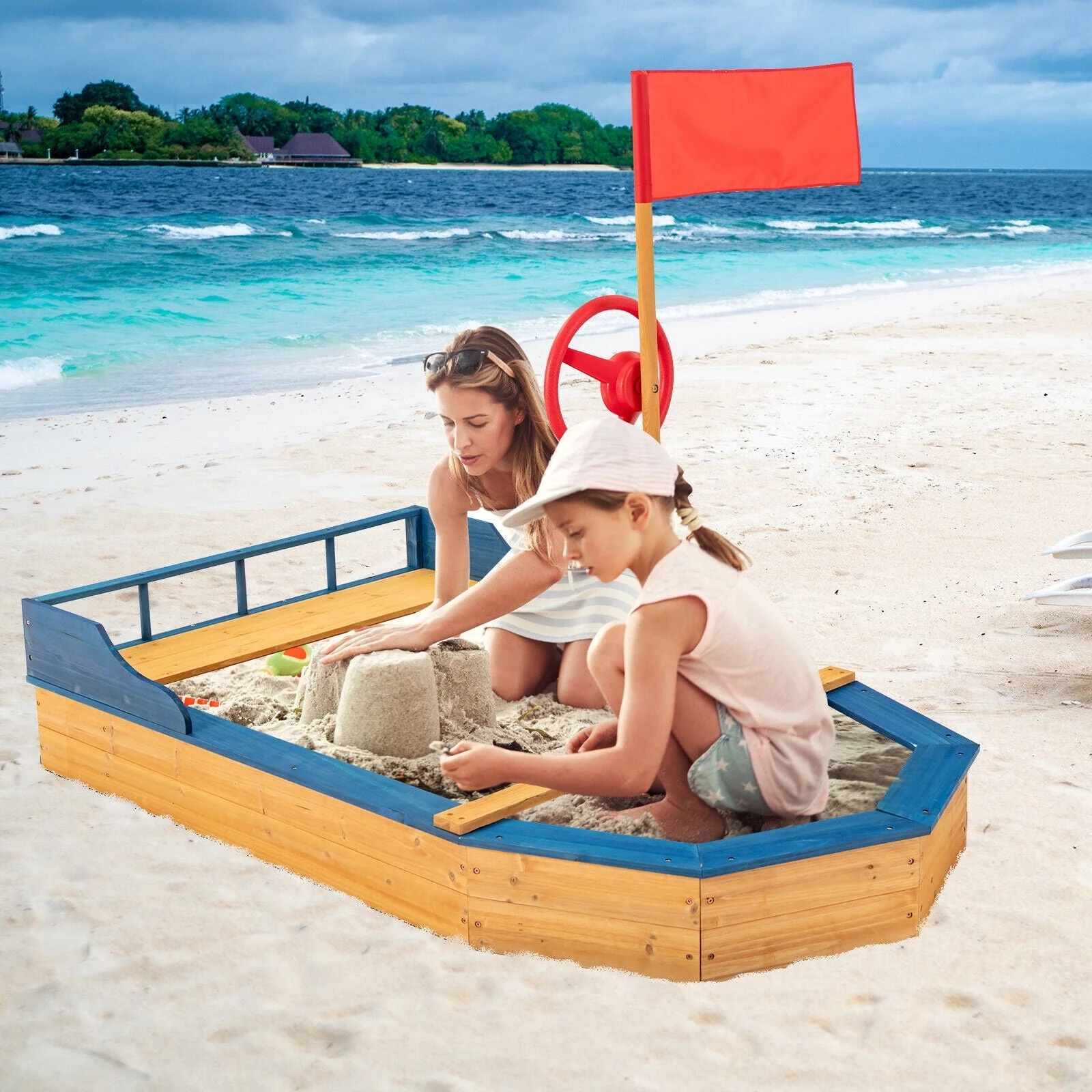 Kids' Pirate Boat Sandbox with Flag and Rudder - Image 2