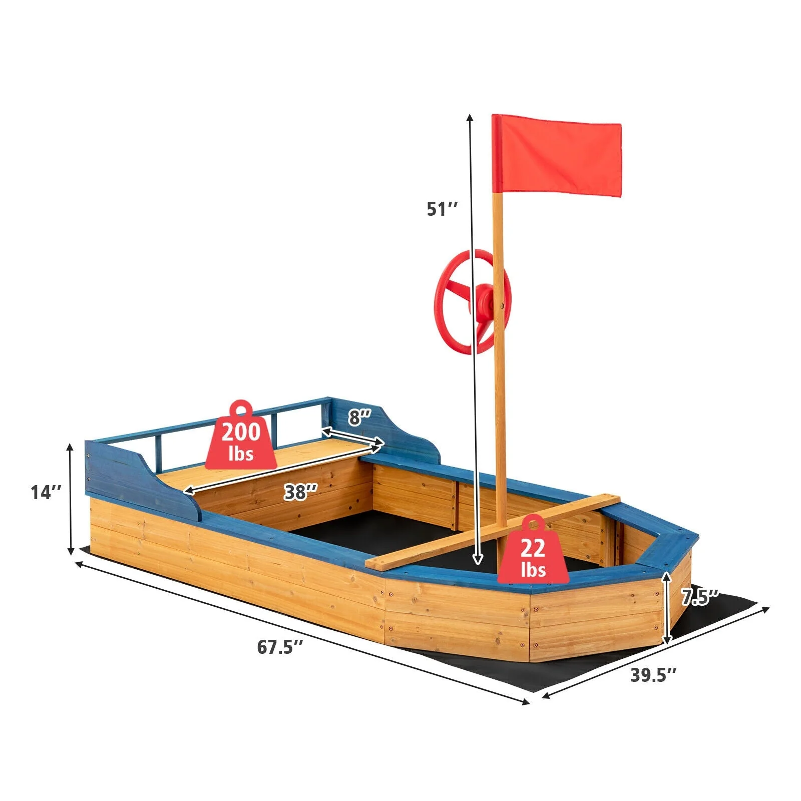 Kids' Pirate Boat Sandbox with Flag and Rudder - Image 5