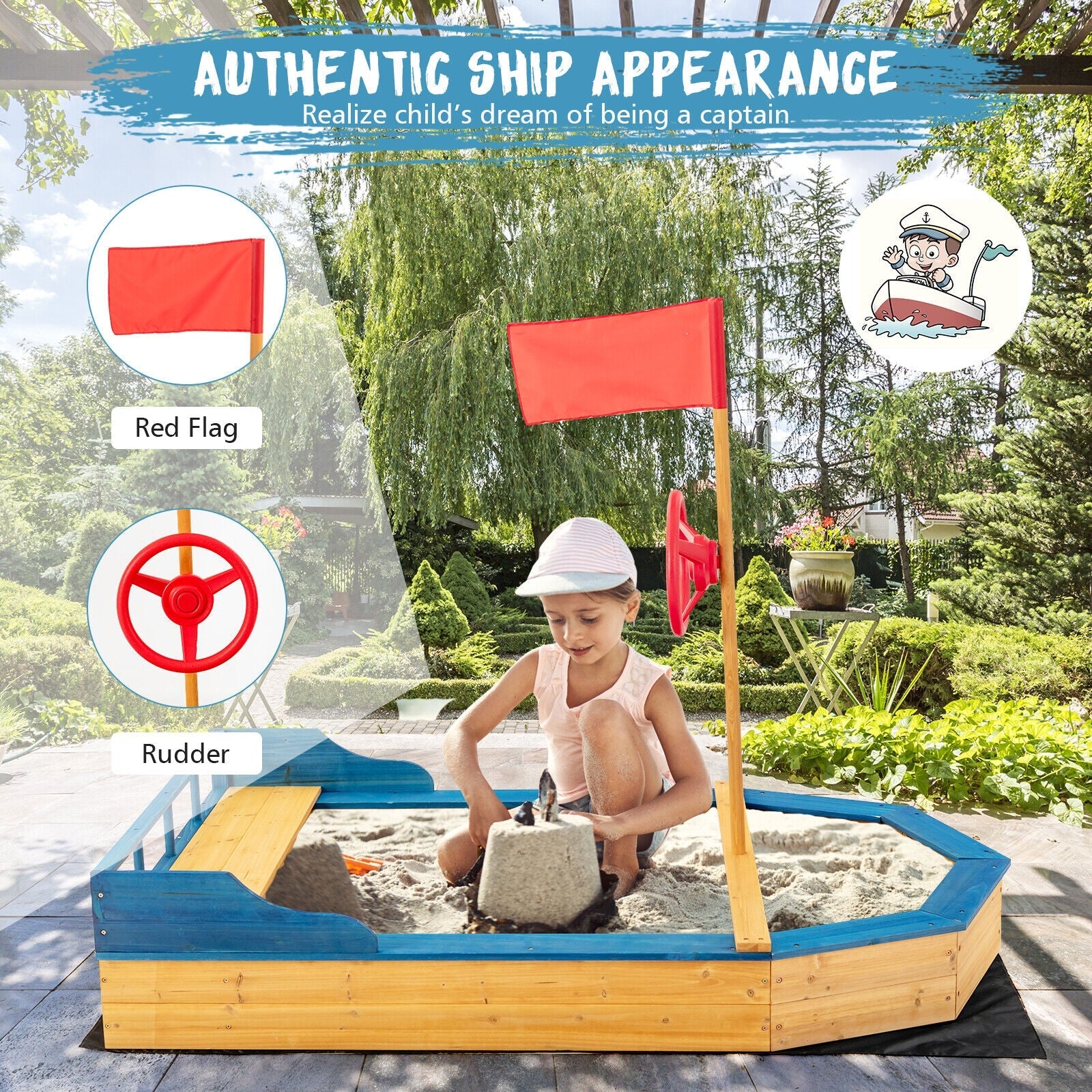 Kids' Pirate Boat Sandbox with Flag and Rudder - Image 6
