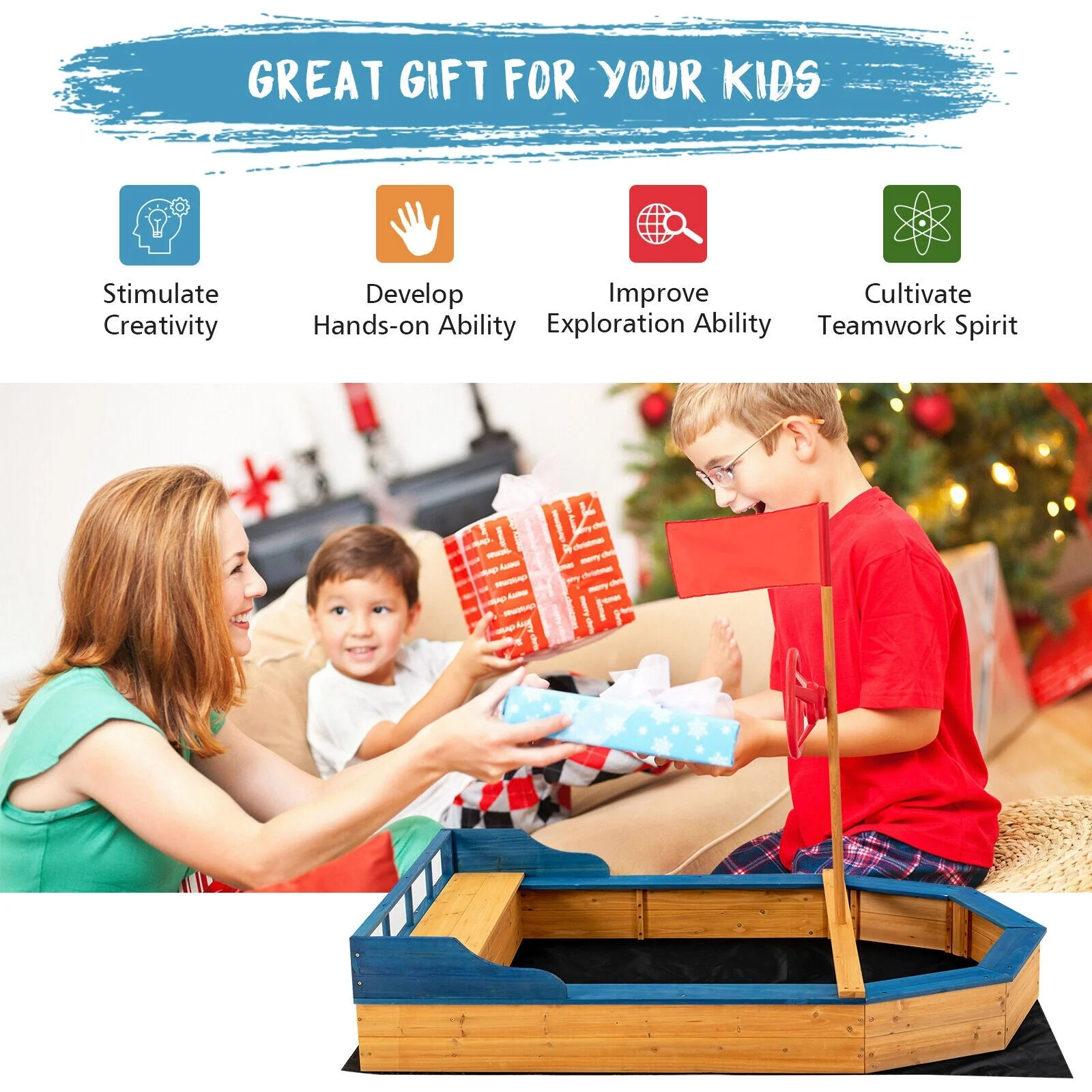 Kids' Pirate Boat Sandbox with Flag and Rudder - Image 7