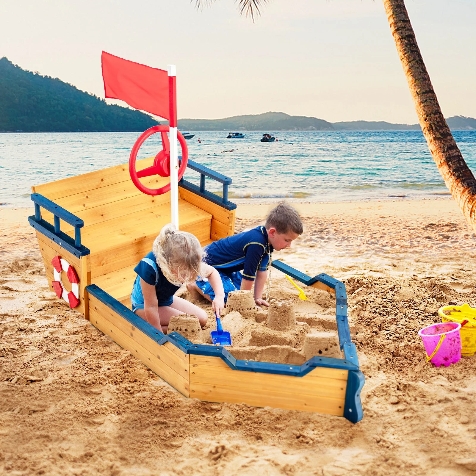 Kids Pirate Boat Wooden Sandbox Children Outdoor Playset - Image 2