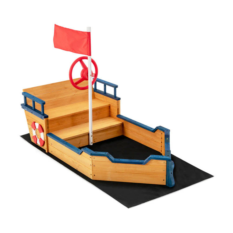 Kids Pirate Boat Wooden Sandbox Children Outdoor Playset - Image 3