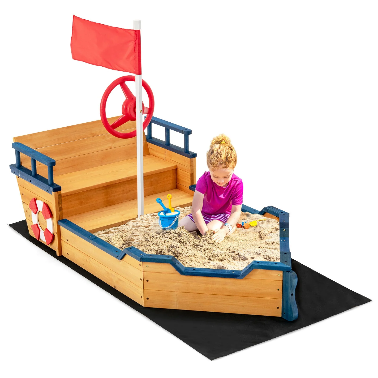 Kids Pirate Boat Wooden Sandbox Children Outdoor Playset - Image 4