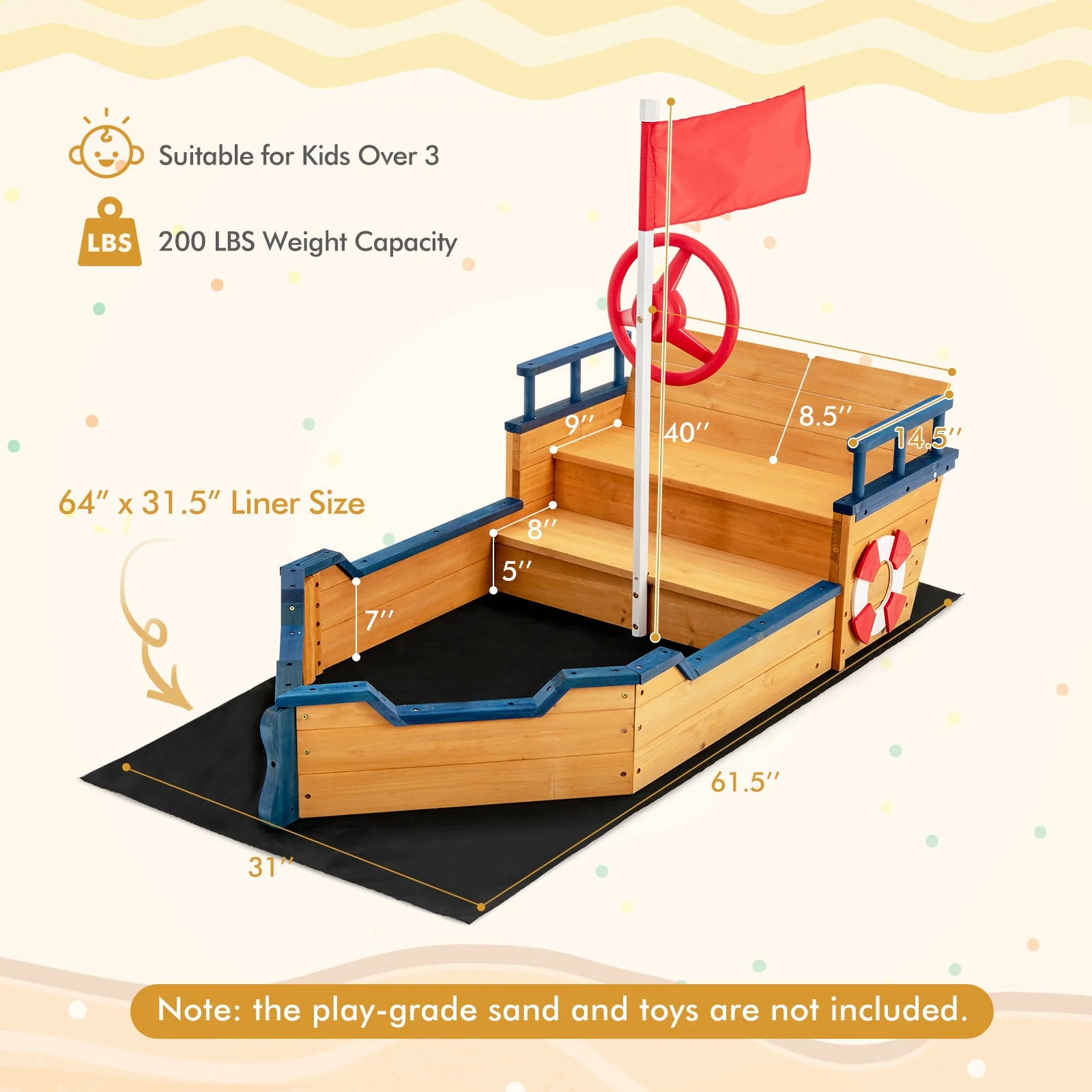 Kids Pirate Boat Wooden Sandbox Children Outdoor Playset - Image 5