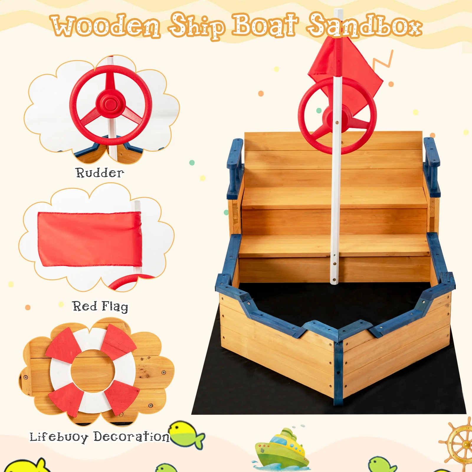 Kids Pirate Boat Wooden Sandbox Children Outdoor Playset - Image 6