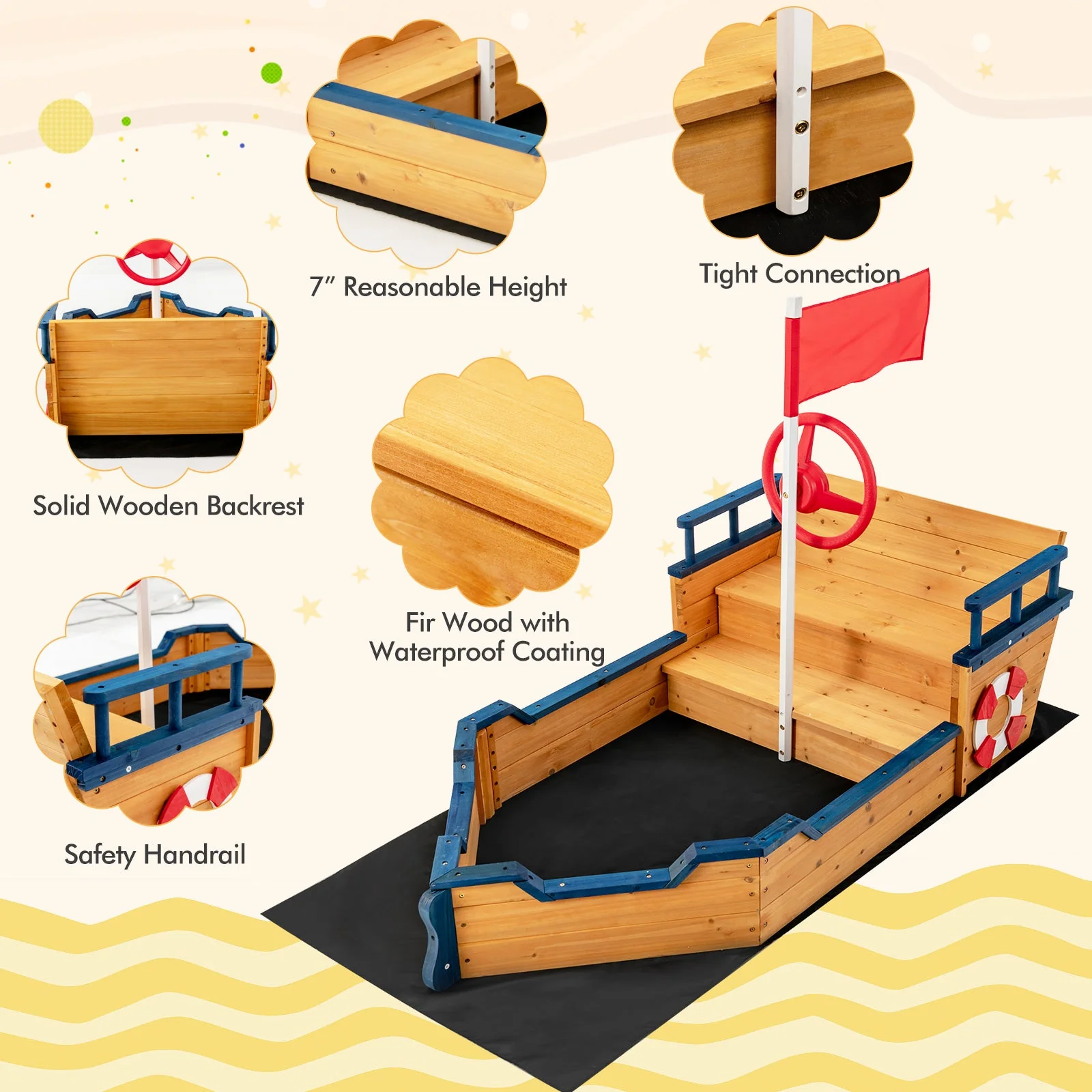 Kids Pirate Boat Wooden Sandbox Children Outdoor Playset - Image 7