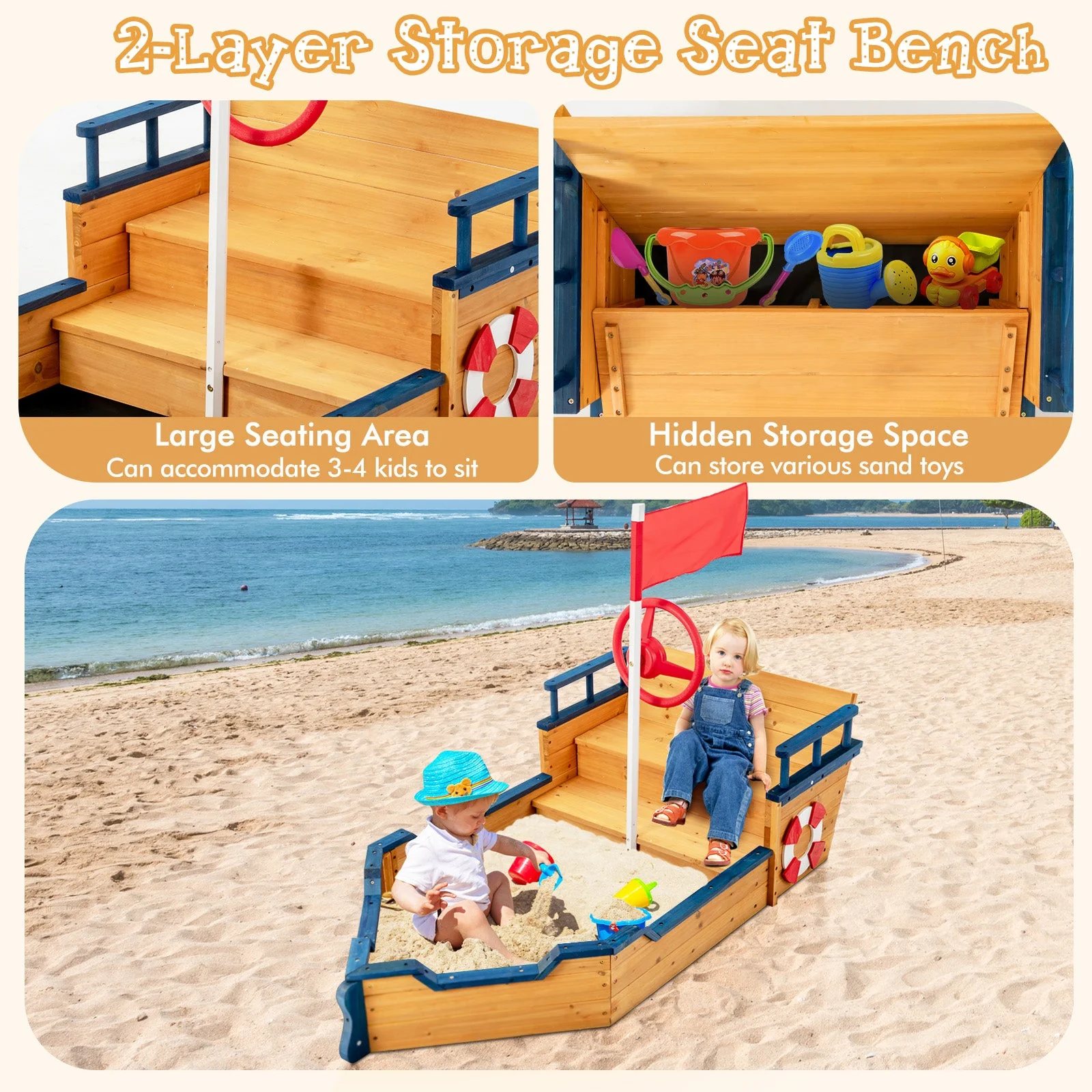 Kids Pirate Boat Wooden Sandbox Children Outdoor Playset - Image 8