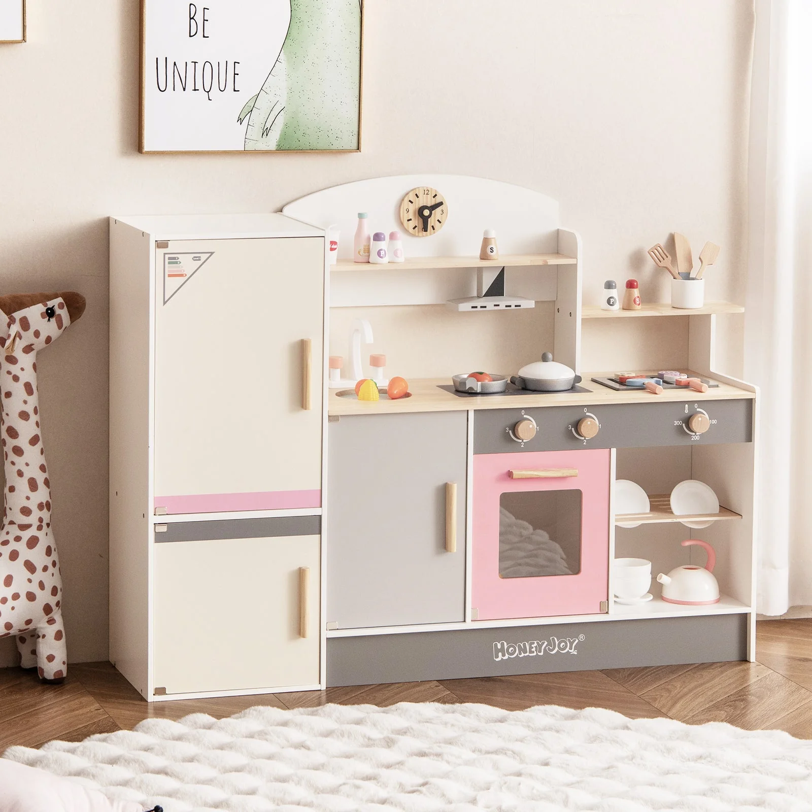 Kids Play Kitchen Set with Realistic Range Hood and Refrigerator - Image 2