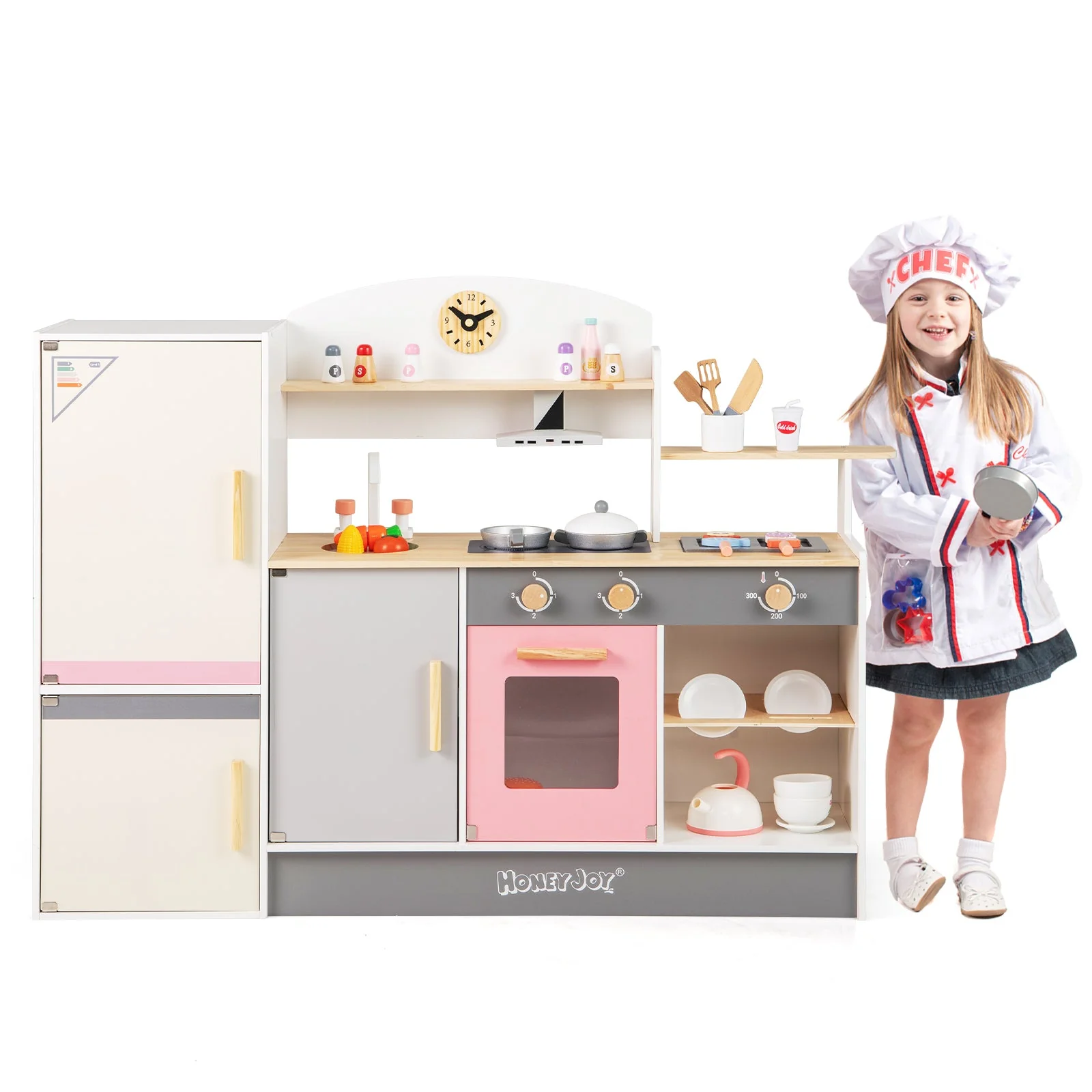 Kids Play Kitchen Set with Realistic Range Hood and Refrigerator - Image 4