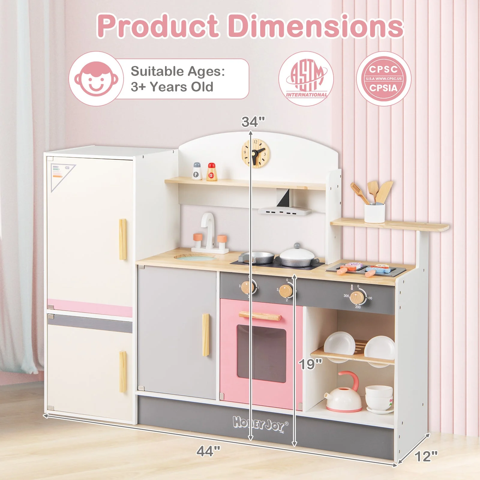Kids Play Kitchen Set with Realistic Range Hood and Refrigerator - Image 5