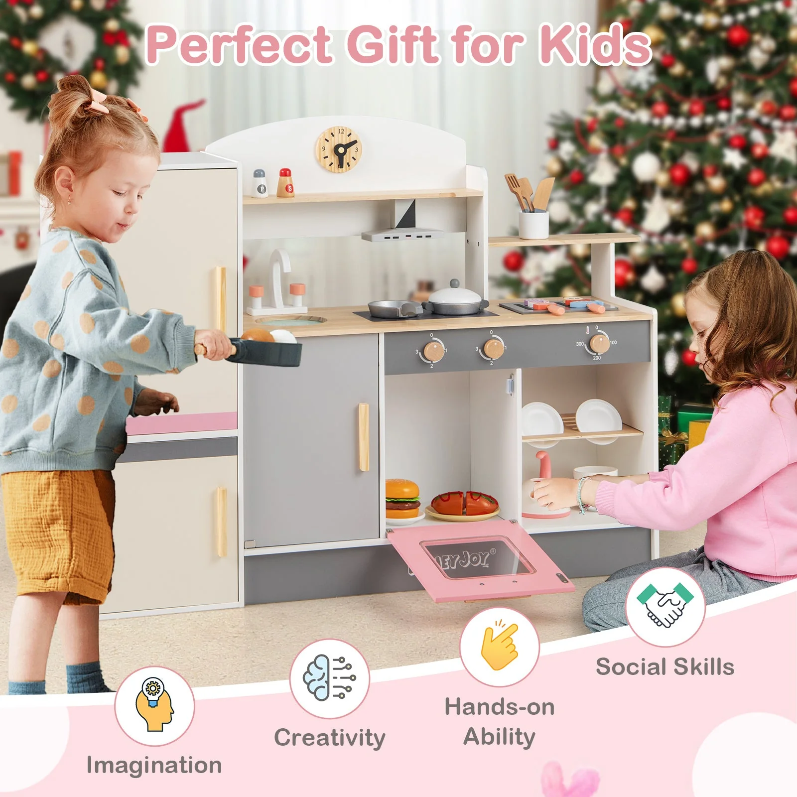 Kids Play Kitchen Set with Realistic Range Hood and Refrigerator - Image 7