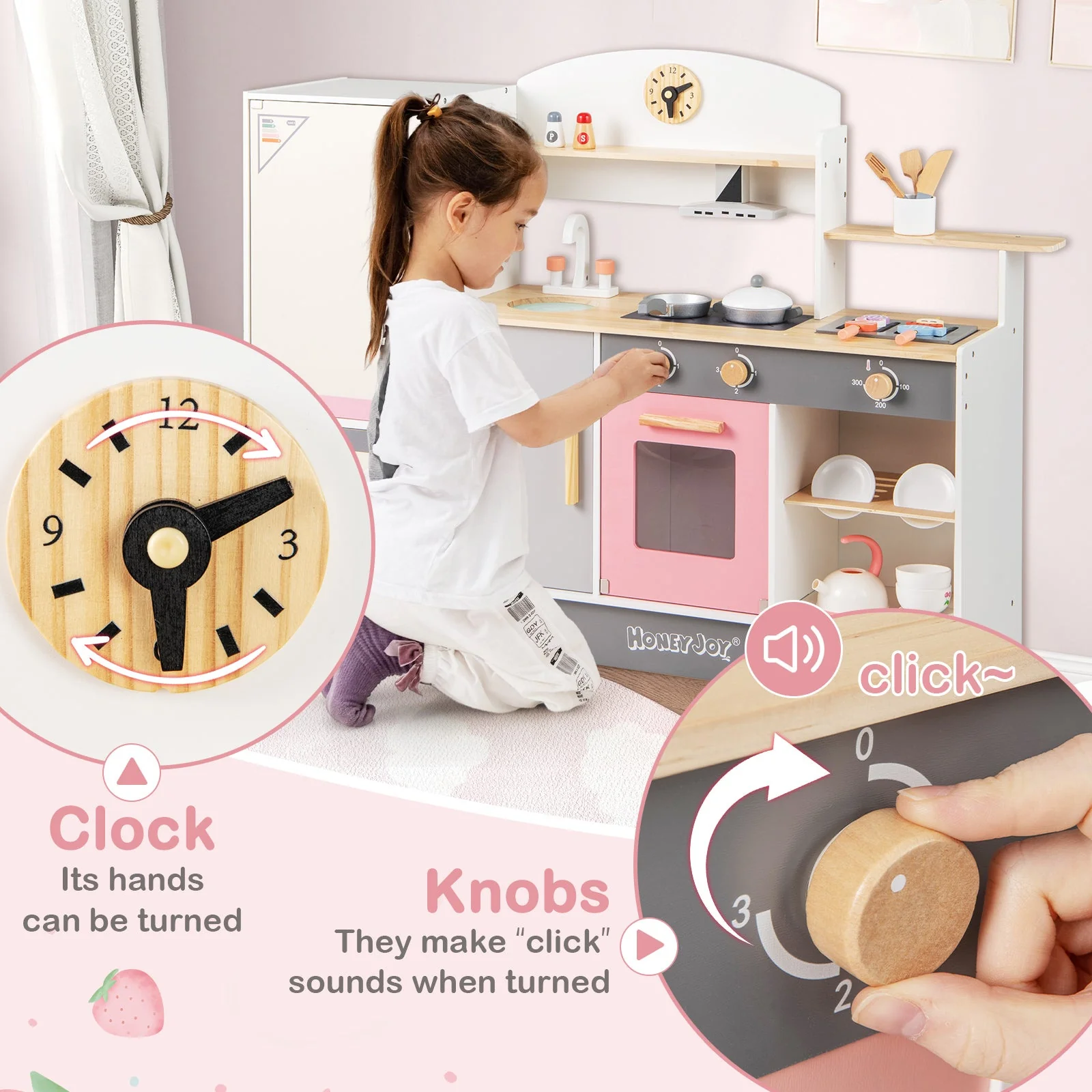 Kids Play Kitchen Set with Realistic Range Hood and Refrigerator - Image 8