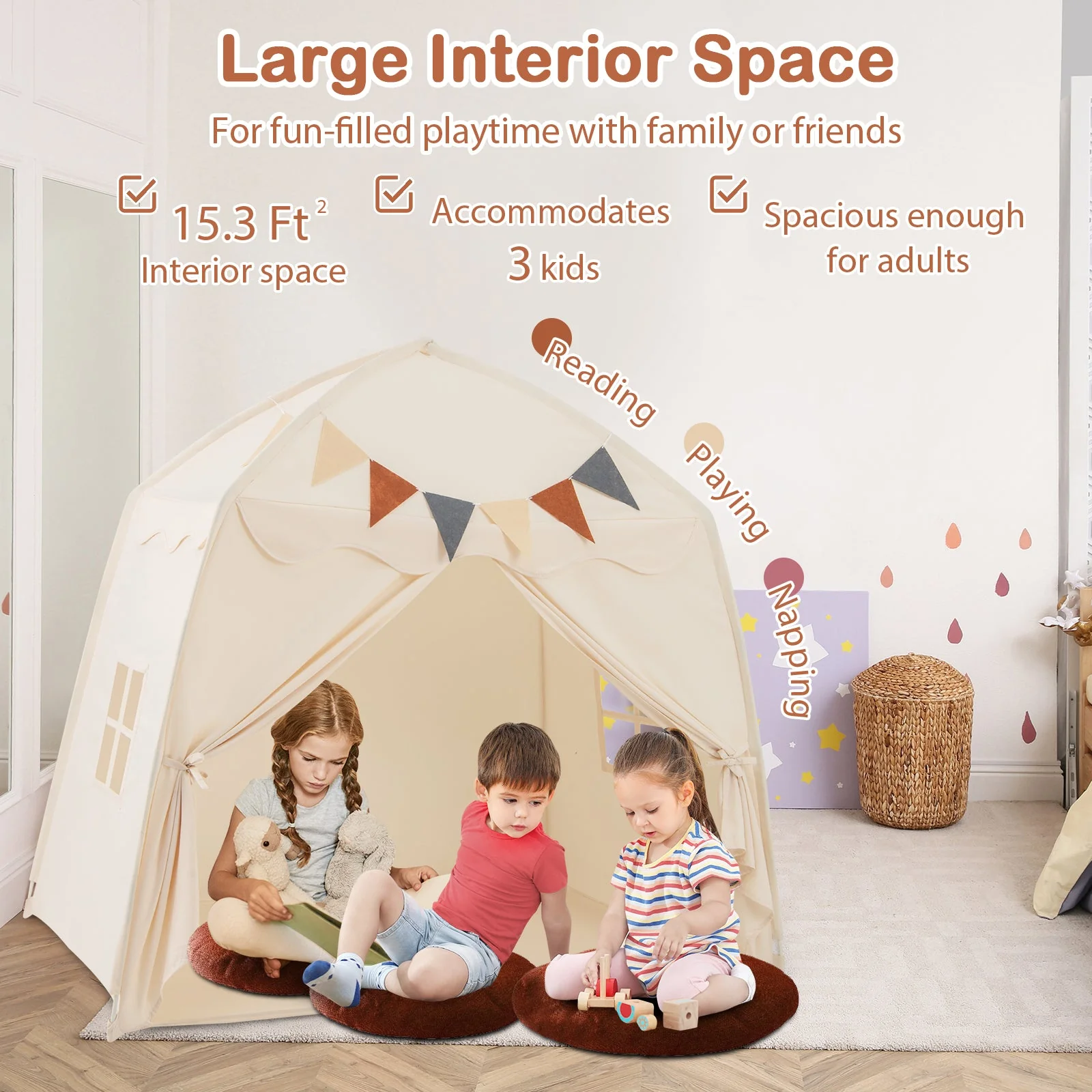 Kids Play Tent Bed Tent with String Lights Extra Large Playhouse Tent-Beige - Image 5