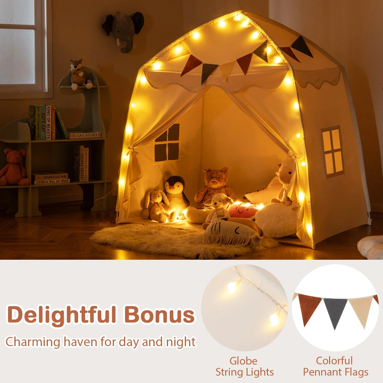Kids Play Tent Bed Tent with String Lights Extra Large Playhouse Tent-Beige - Image 6