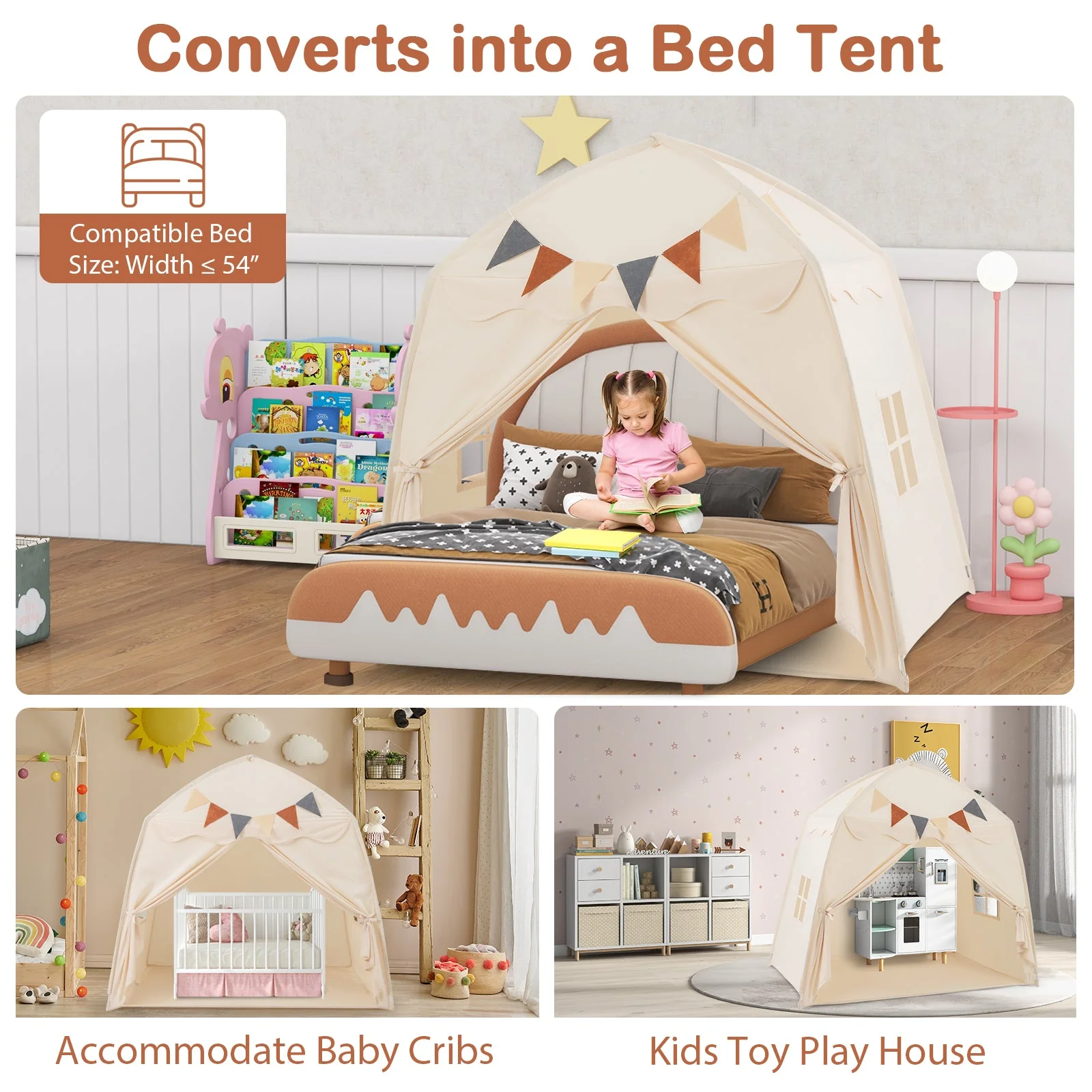 Kids Play Tent Bed Tent with String Lights Extra Large Playhouse Tent-Beige - Image 7