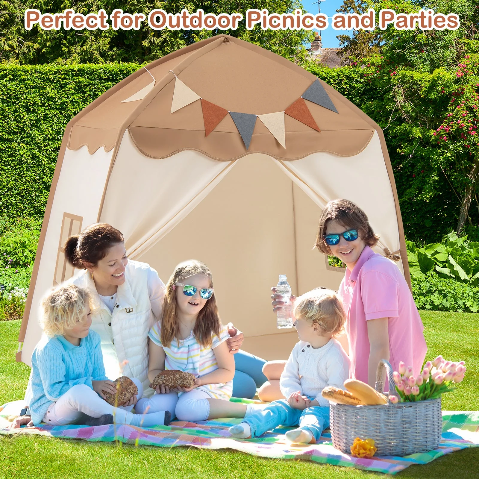 Kids Play Tent Bed Tent with String Lights Extra Large Playhouse Tent-Coffee - Image 2