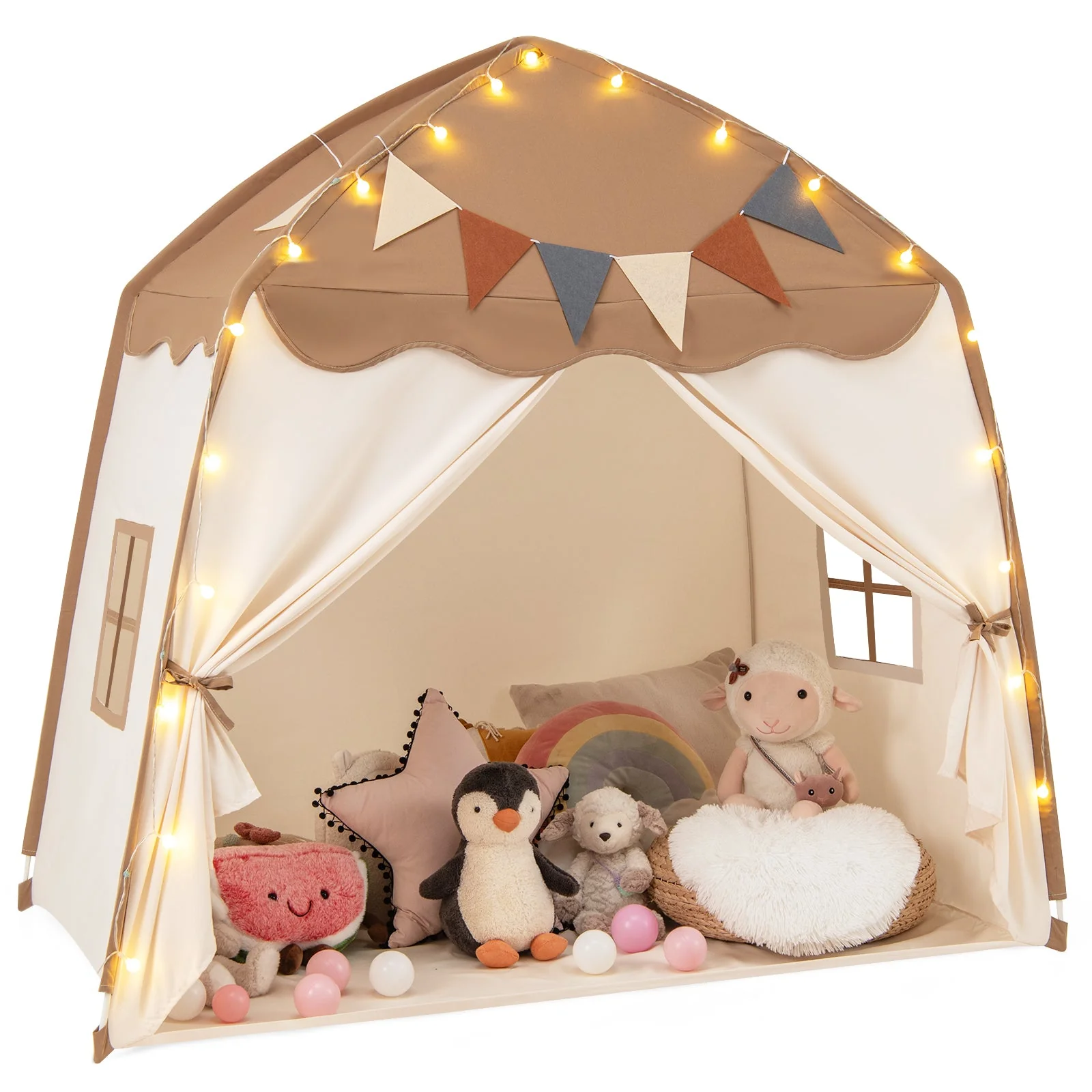 Kids Play Tent Bed Tent with String Lights Extra Large Playhouse Tent-Coffee - Image 3