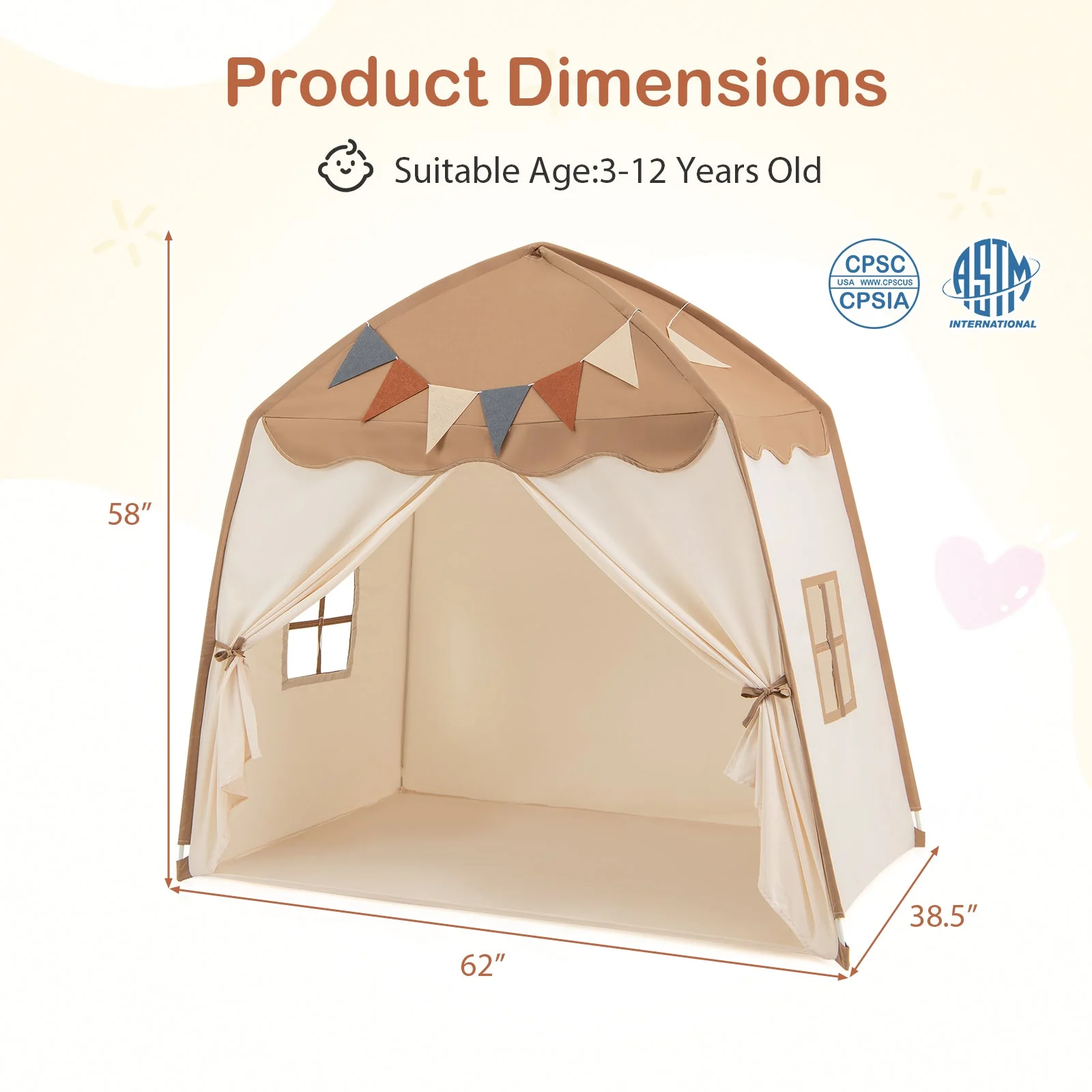 Kids Play Tent Bed Tent with String Lights Extra Large Playhouse Tent-Coffee - Image 4