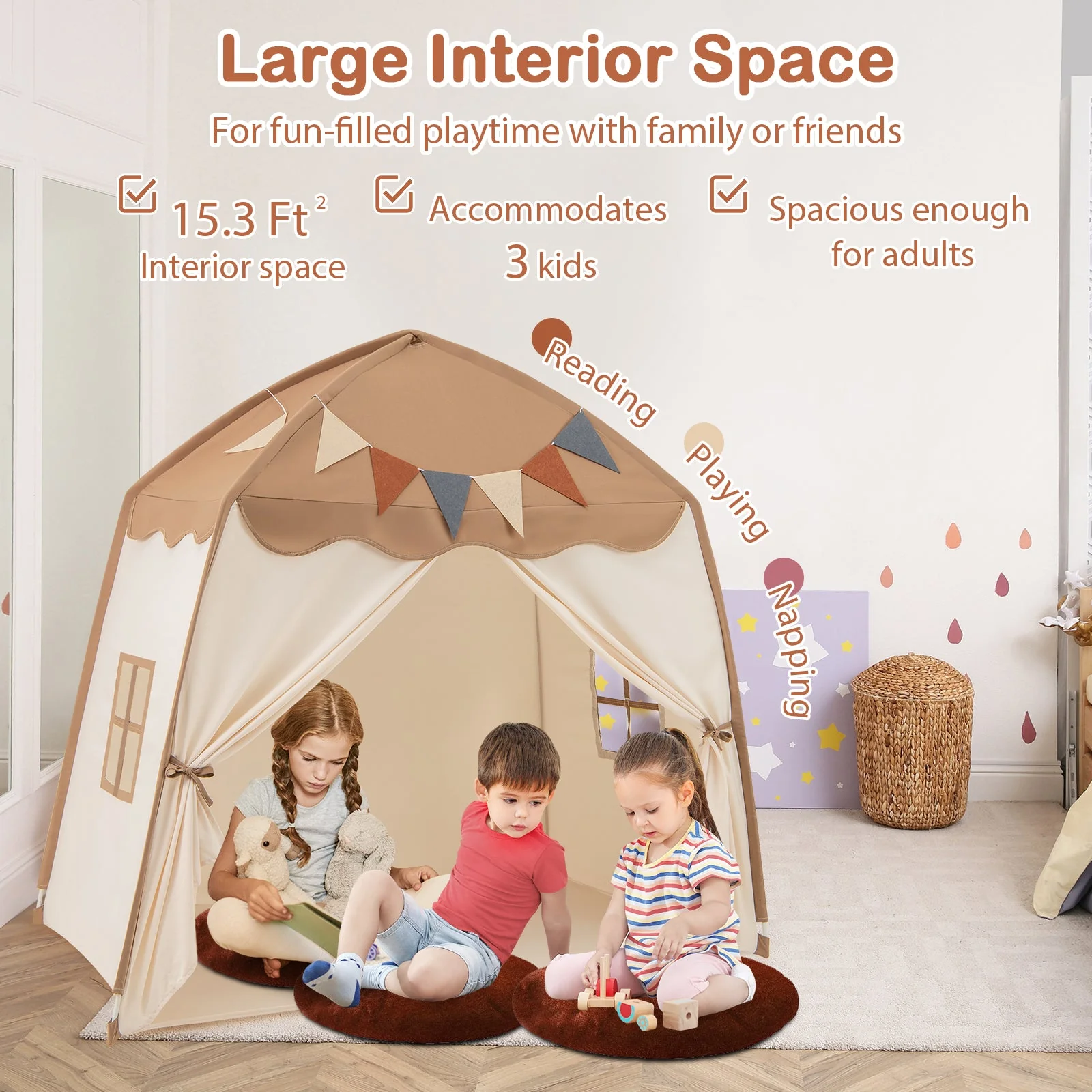 Kids Play Tent Bed Tent with String Lights Extra Large Playhouse Tent-Coffee - Image 6
