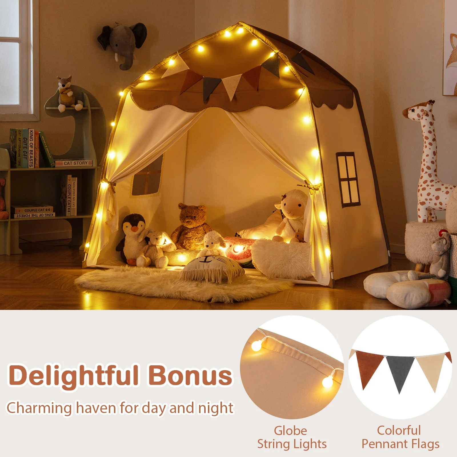 Kids Play Tent Bed Tent with String Lights Extra Large Playhouse Tent-Coffee - Image 7