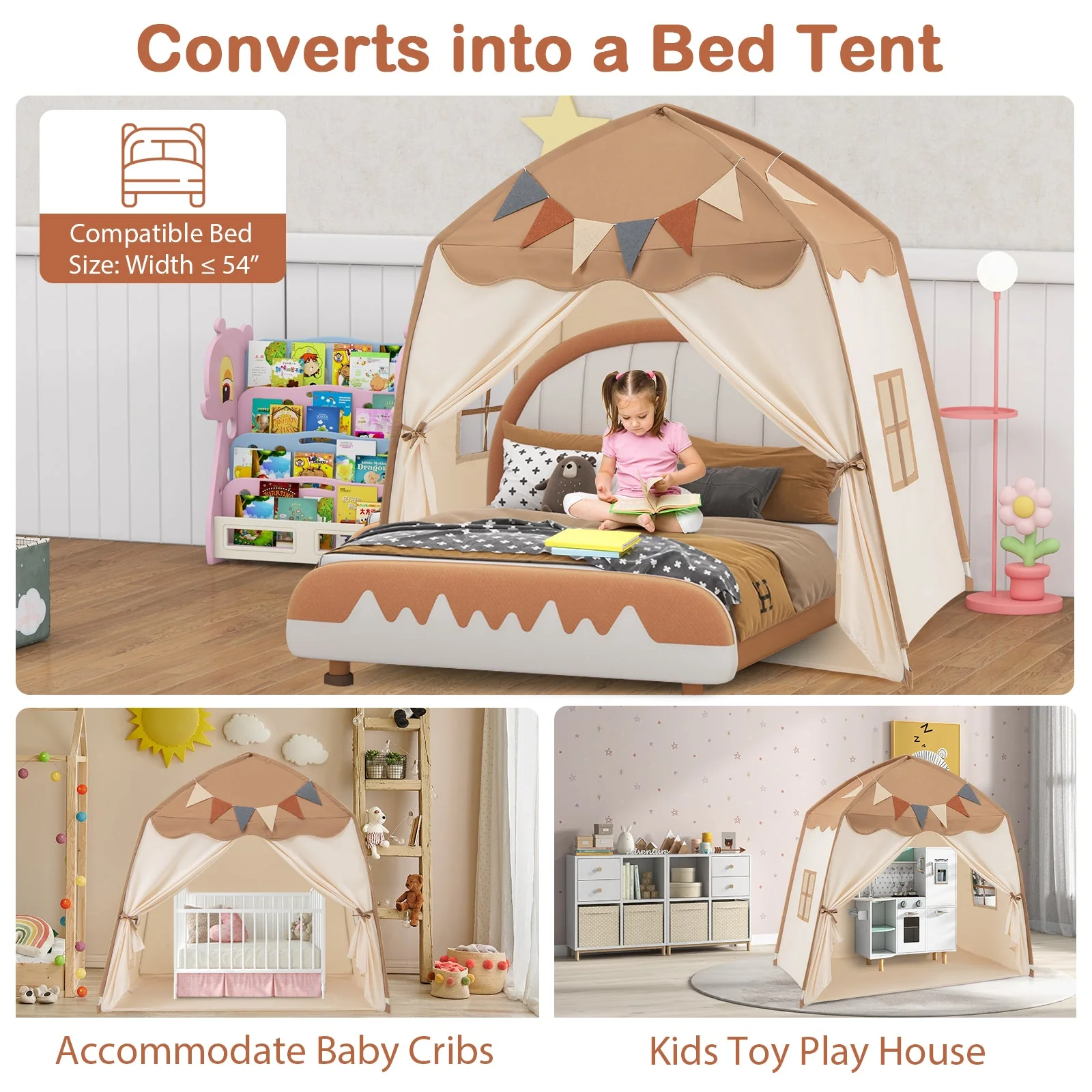Kids Play Tent Bed Tent with String Lights Extra Large Playhouse Tent-Coffee - Image 8