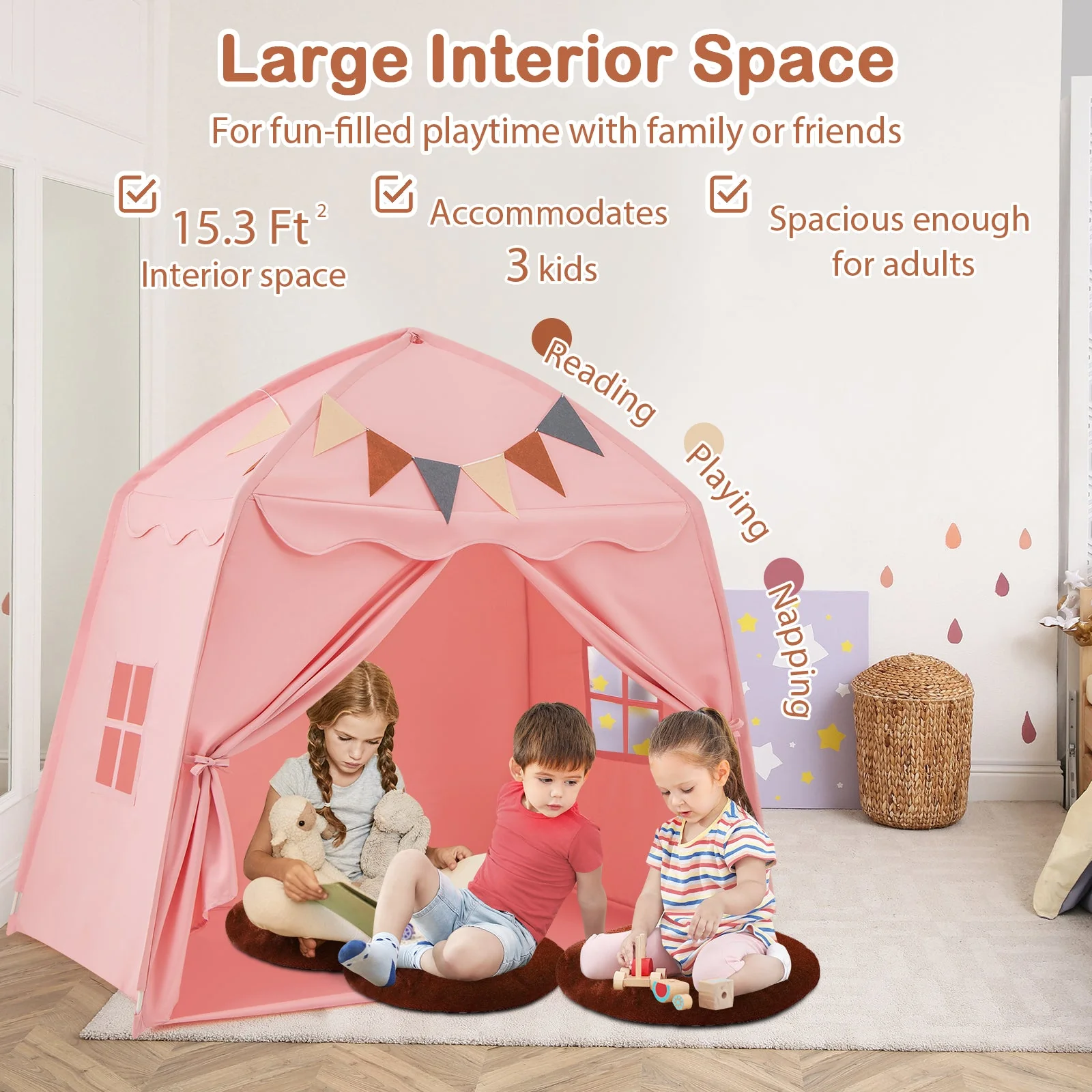Kids Play Tent Bed Tent with String Lights Extra Large Playhouse Tent-Pink - Image 2