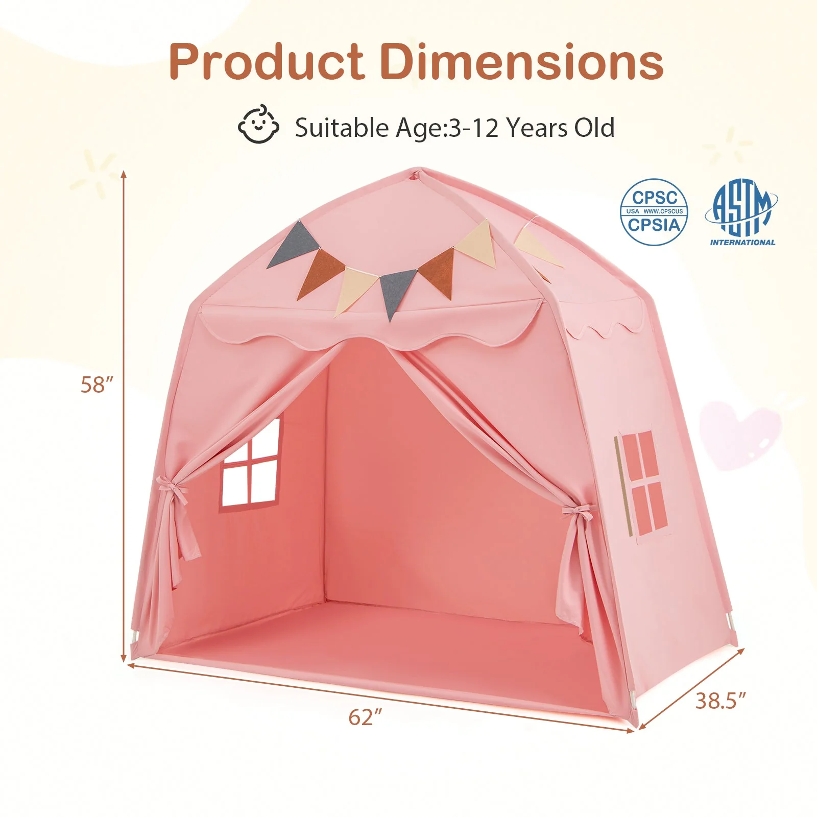 Kids Play Tent Bed Tent with String Lights Extra Large Playhouse Tent-Pink - Image 4