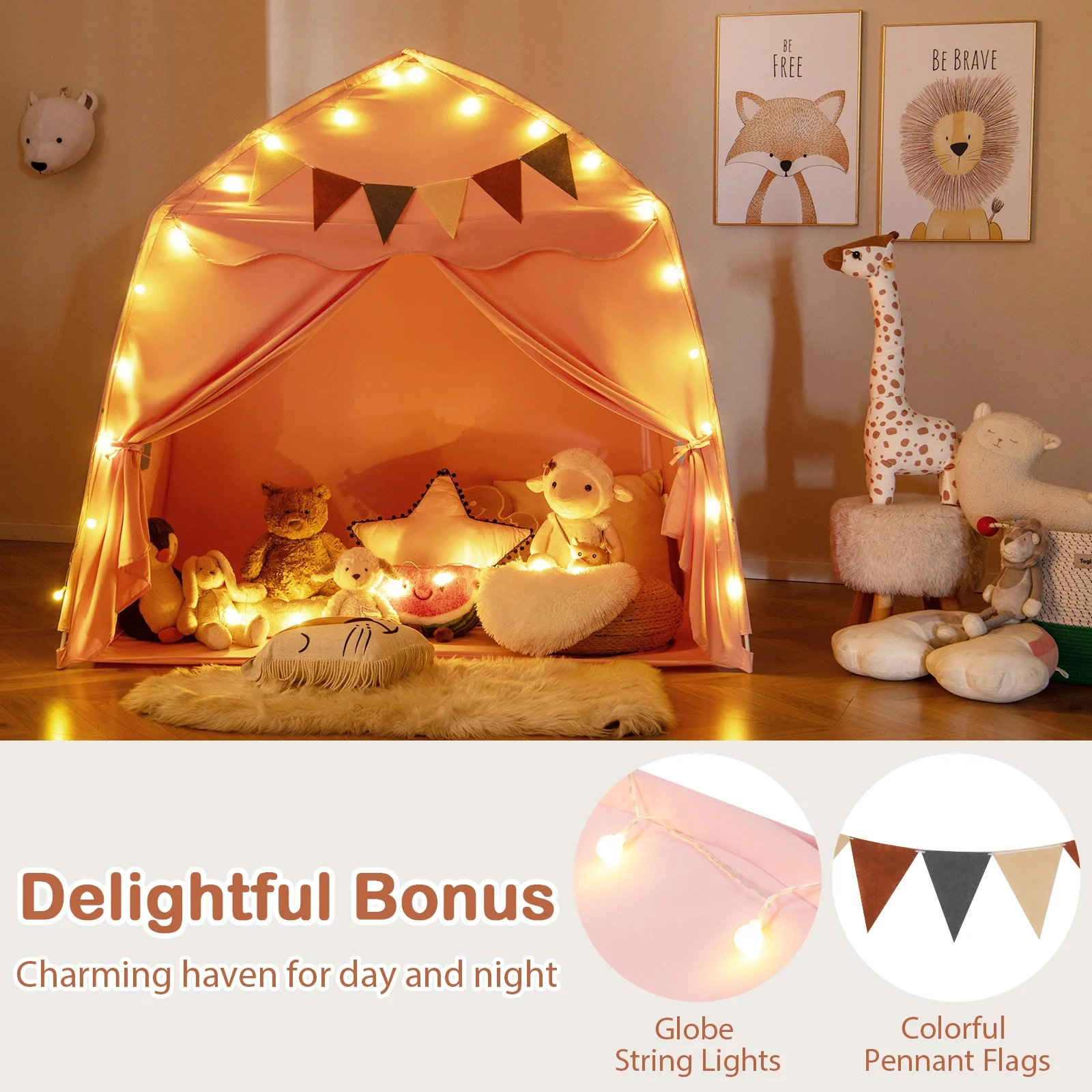Kids Play Tent Bed Tent with String Lights Extra Large Playhouse Tent-Pink - Image 5