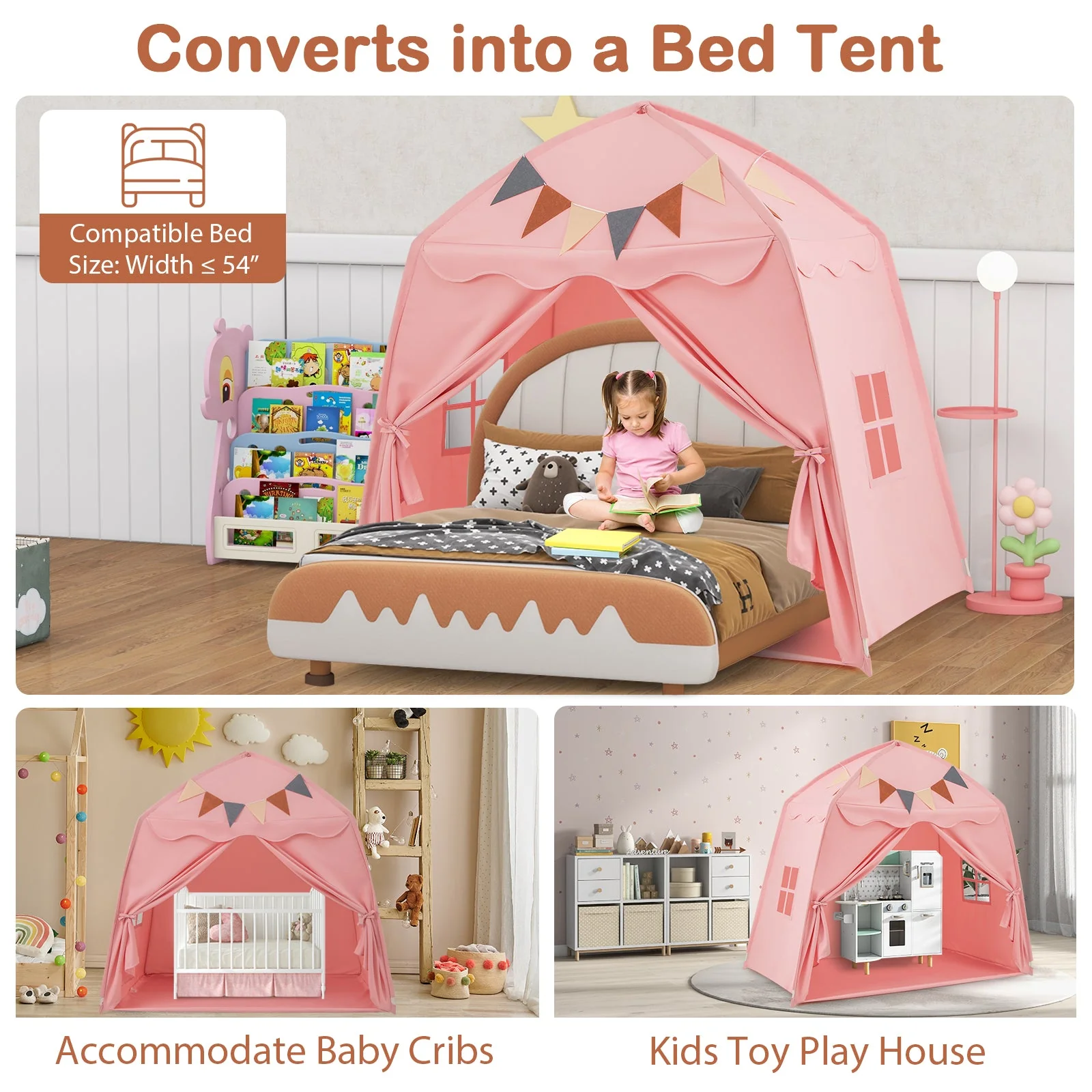 Kids Play Tent Bed Tent with String Lights Extra Large Playhouse Tent-Pink - Image 7