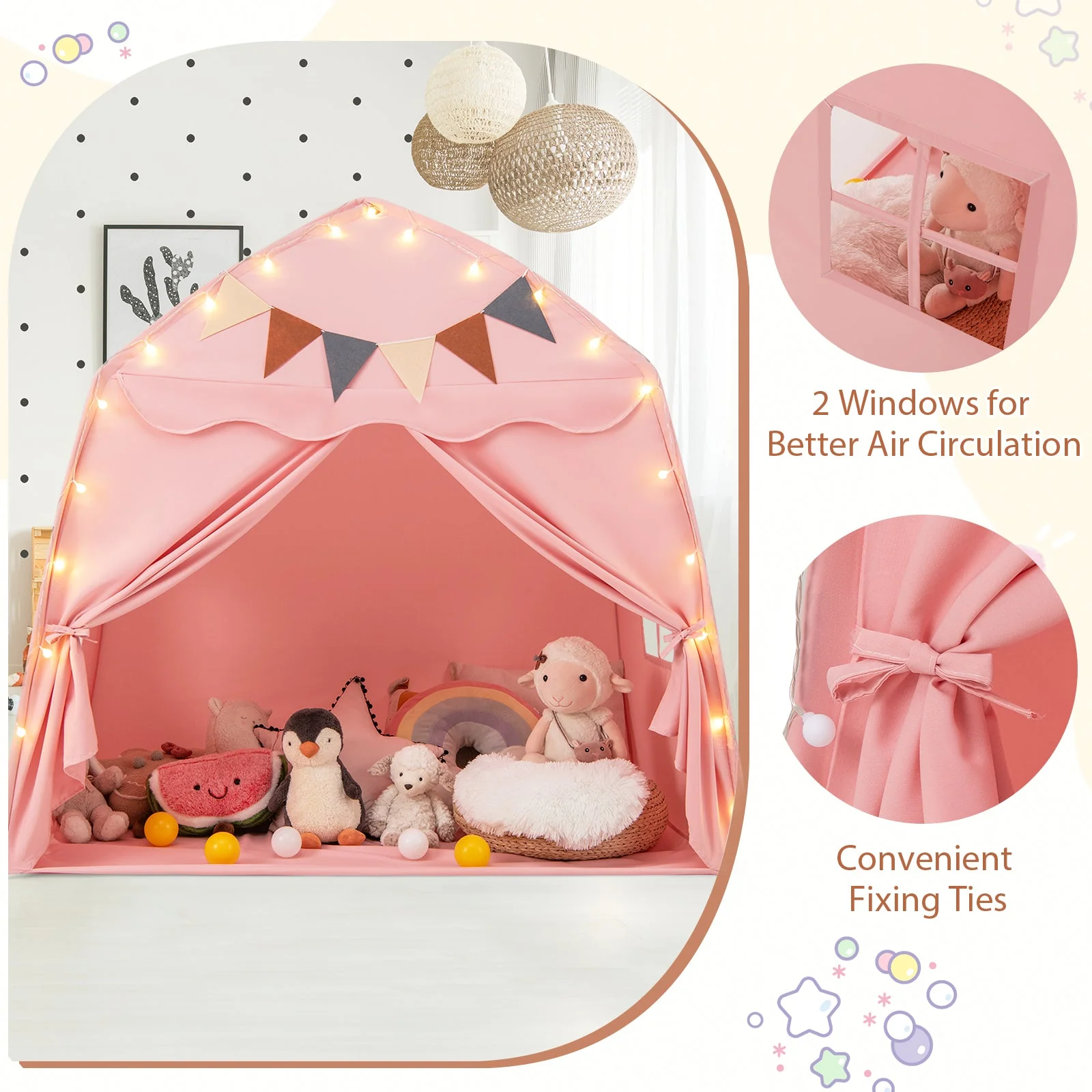 Kids Play Tent Bed Tent with String Lights Extra Large Playhouse Tent-Pink - Image 8