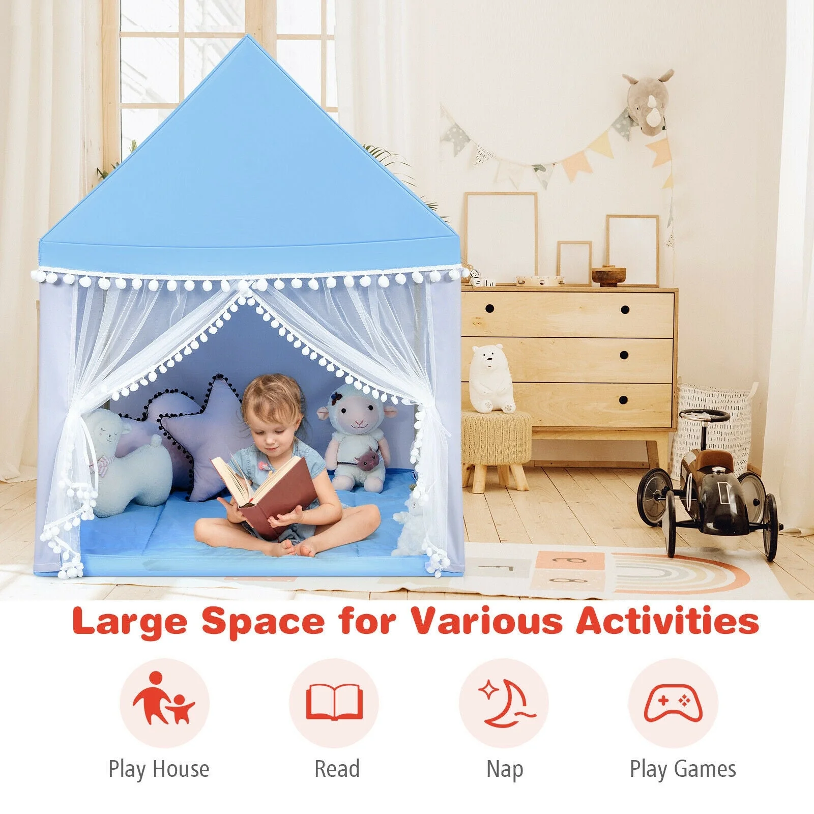 Kids Play Tent Large Playhouse Children Play Castle Fairy Tent Gift with Mat-Blue - Image 2