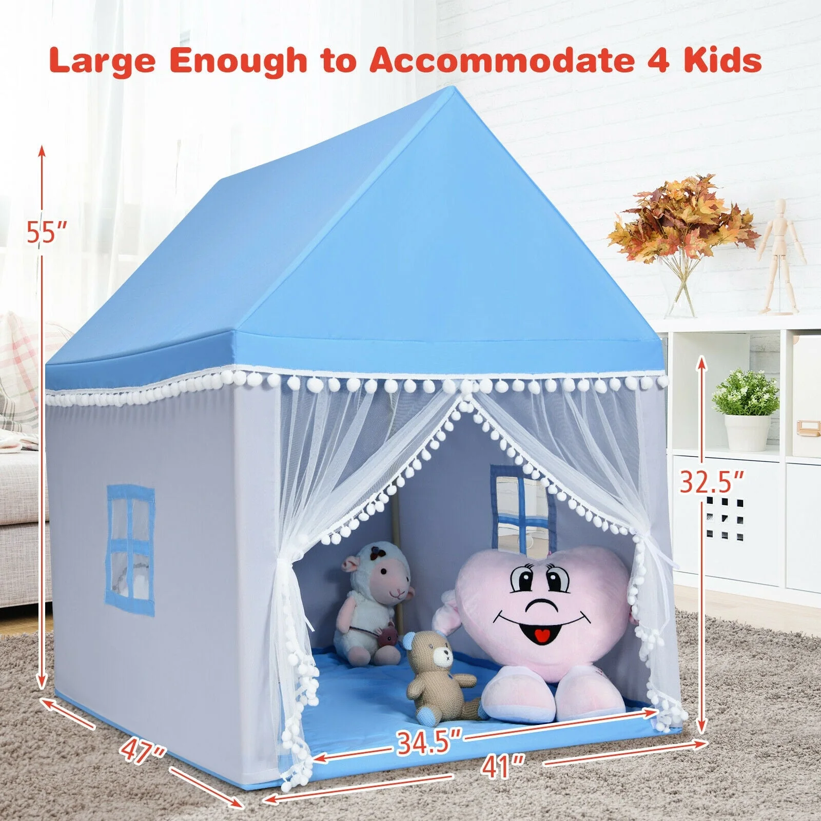 Kids Play Tent Large Playhouse Children Play Castle Fairy Tent Gift with Mat-Blue - Image 4