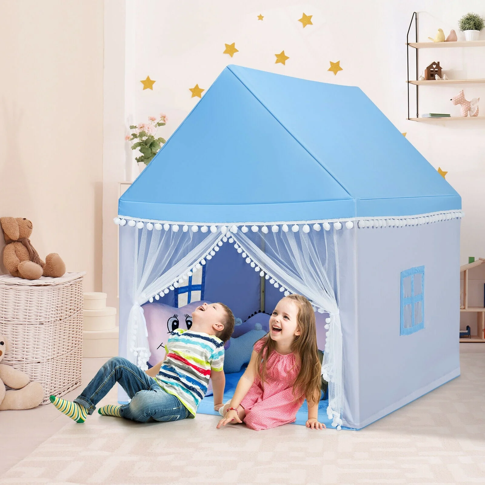 Kids Play Tent Large Playhouse Children Play Castle Fairy Tent Gift with Mat-Blue - Image 6
