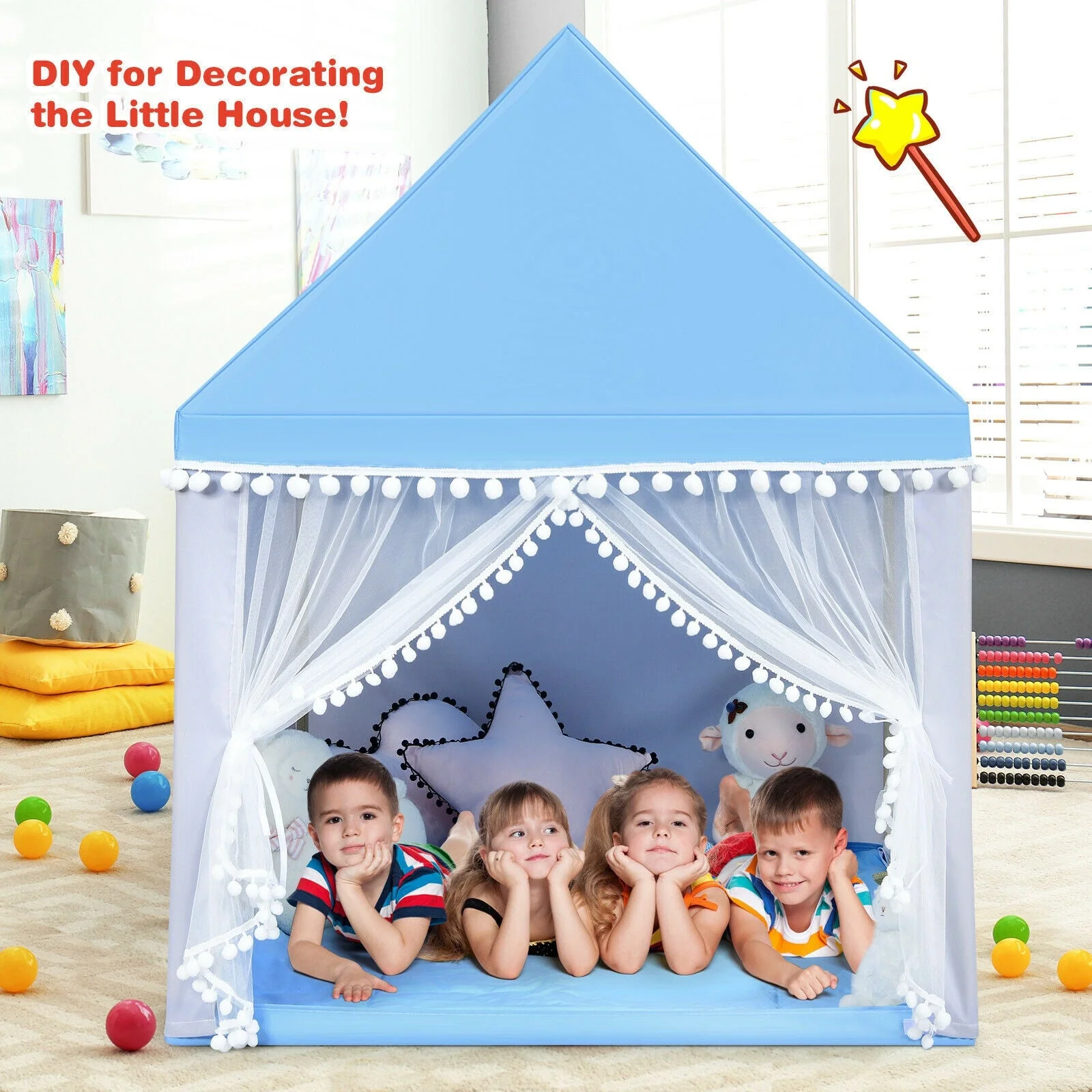 Kids Play Tent Large Playhouse Children Play Castle Fairy Tent Gift with Mat-Blue - Image 8