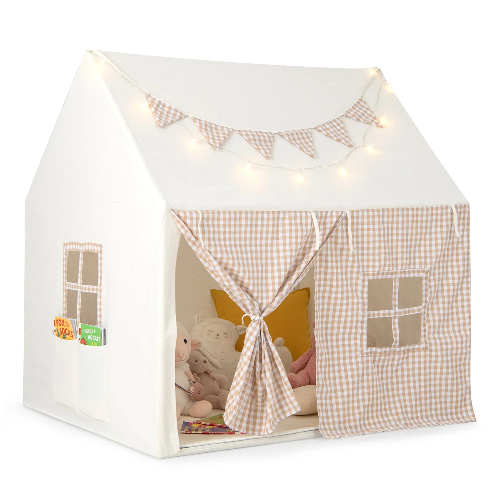 Kids Play Tent Large Playhouse with Padded Mat and 2 Breathable Windows-Beige - Image 3