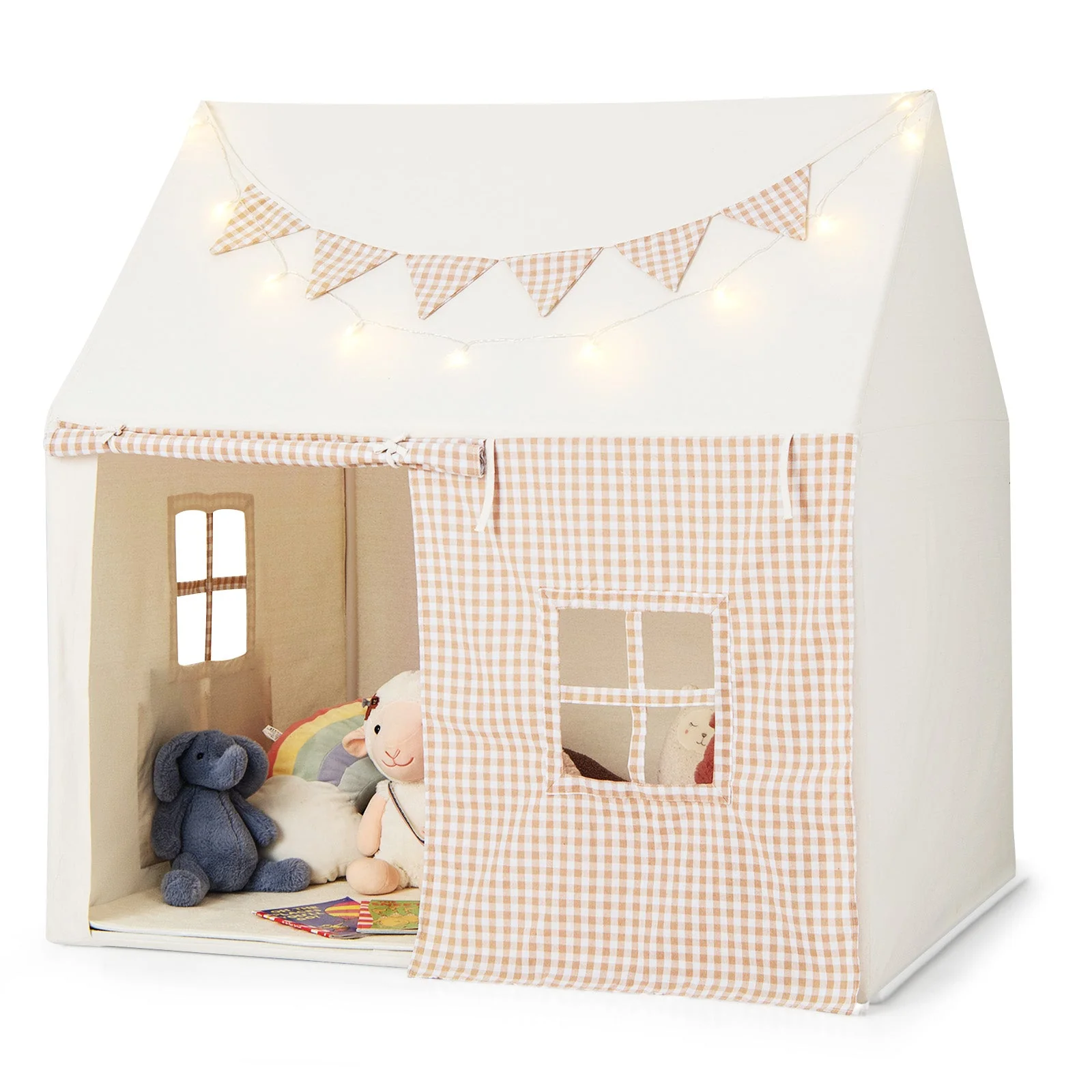 Kids Play Tent Large Playhouse with Padded Mat and 2 Breathable Windows-Beige - Image 4