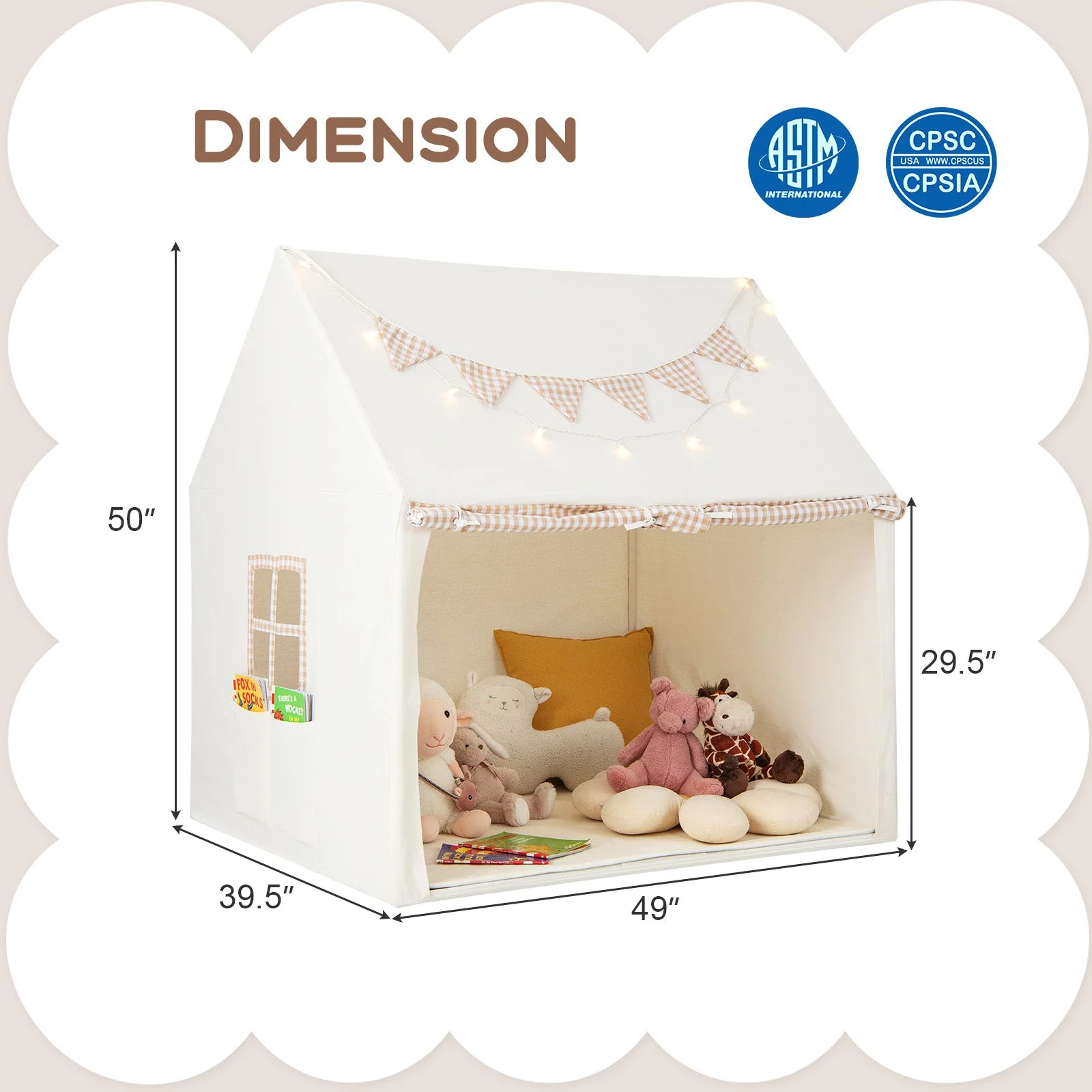 Kids Play Tent Large Playhouse with Padded Mat and 2 Breathable Windows-Beige - Image 5