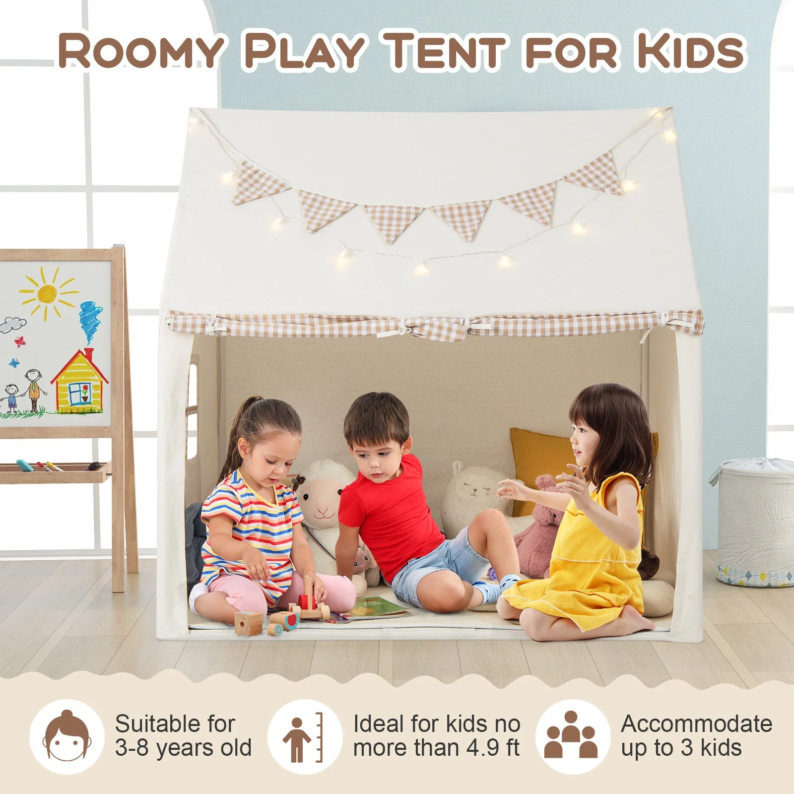 Kids Play Tent Large Playhouse with Padded Mat and 2 Breathable Windows-Beige - Image 6
