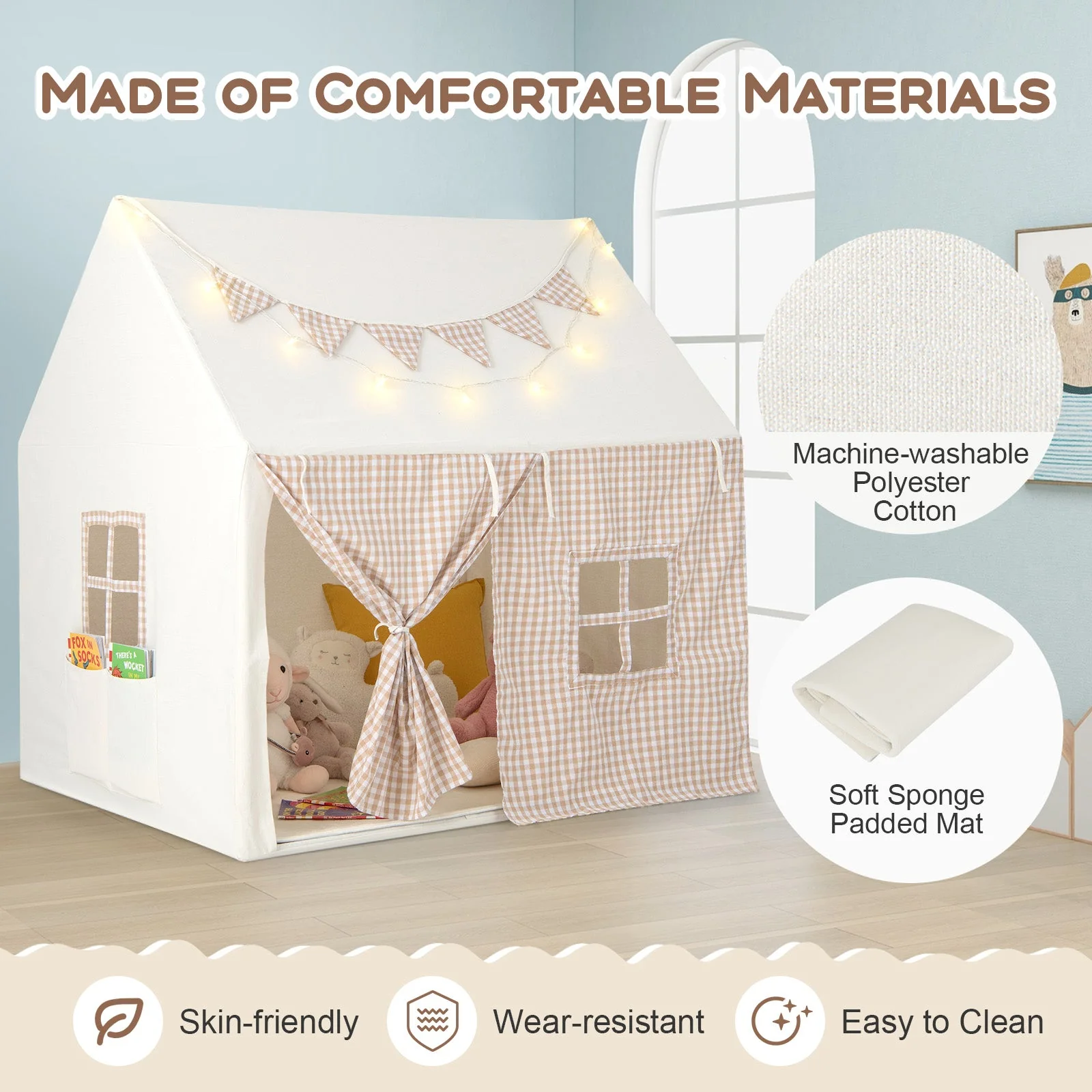 Kids Play Tent Large Playhouse with Padded Mat and 2 Breathable Windows-Beige - Image 8